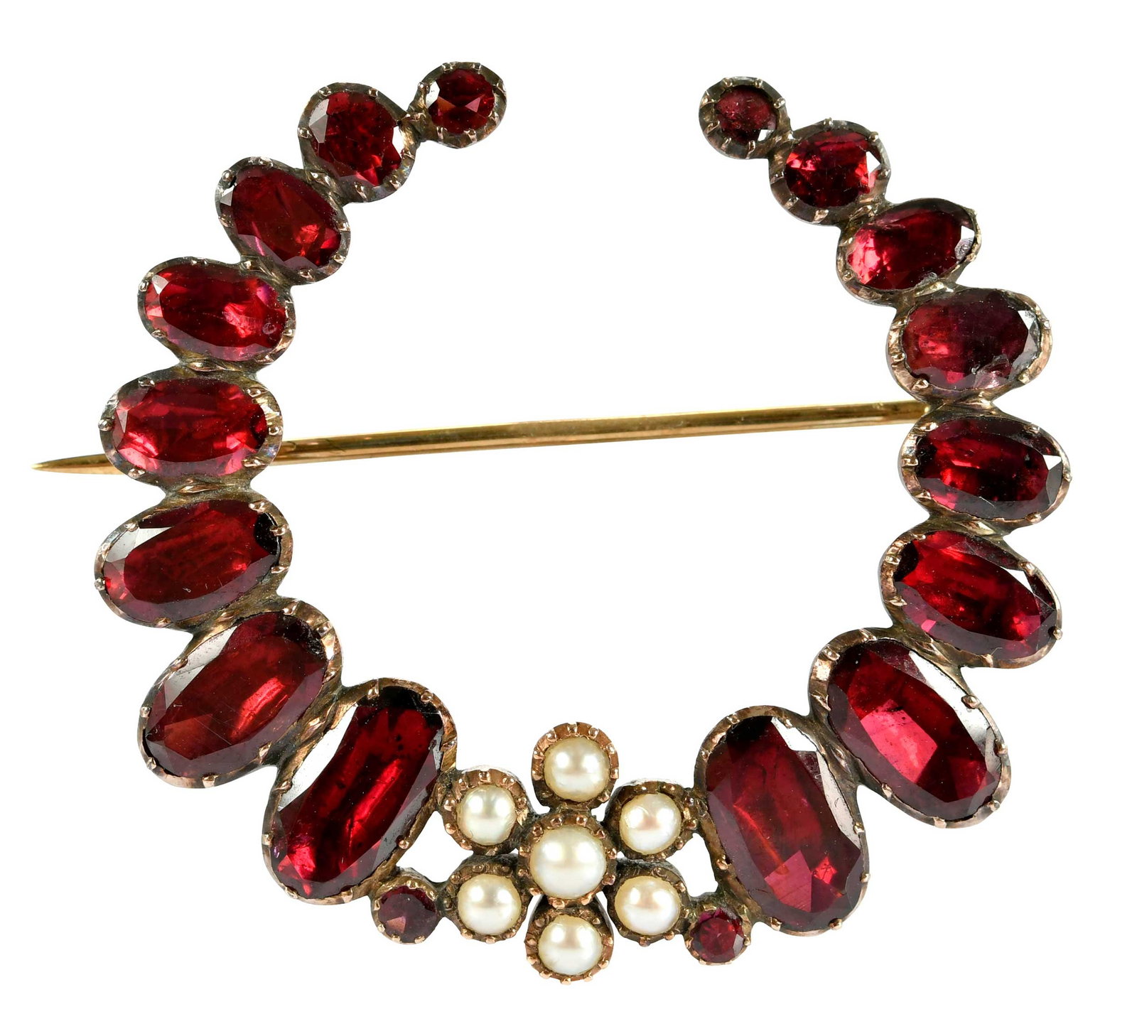 Victorian Crescent Shaped Garnet and Pearl Brooch: oval, and round faceted flat cut garnets, closed back, round white pearls, tests possibly 9kt. rose gold, 1-5/8 in. diameter, 7.7 g Provenance: Private Virginia Collection Note: Brunk Auctions makes n