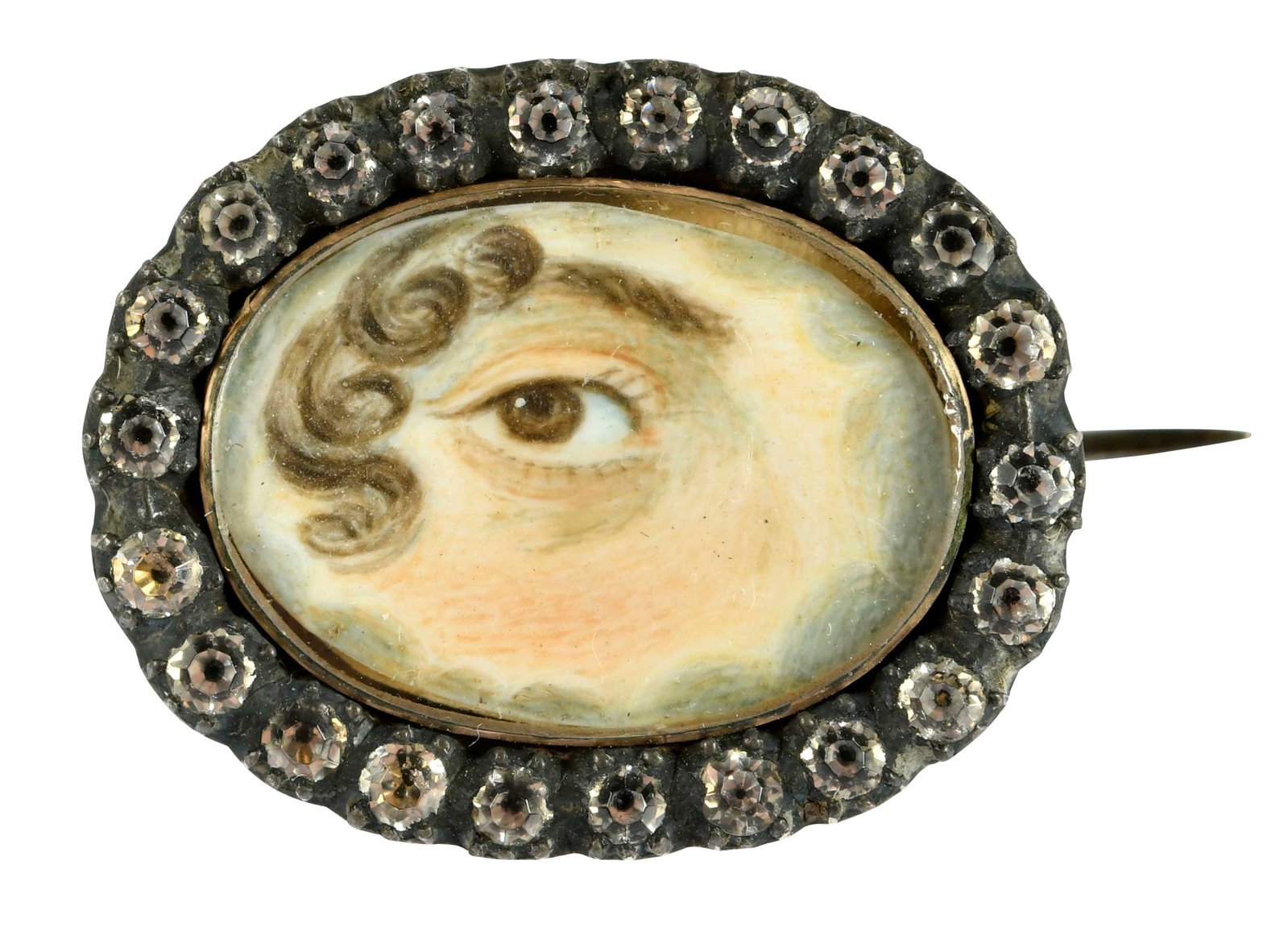 Lover's Eye with Paste Frame Brooch: old cut paste jewels, tests 9kt. gold paired with silver topped settings, 23.0 x 19.0mm, 5.1 g Provenance: Private Virginia Collection Note: Brunk Auctions makes no warranty or guarantee regarding any
