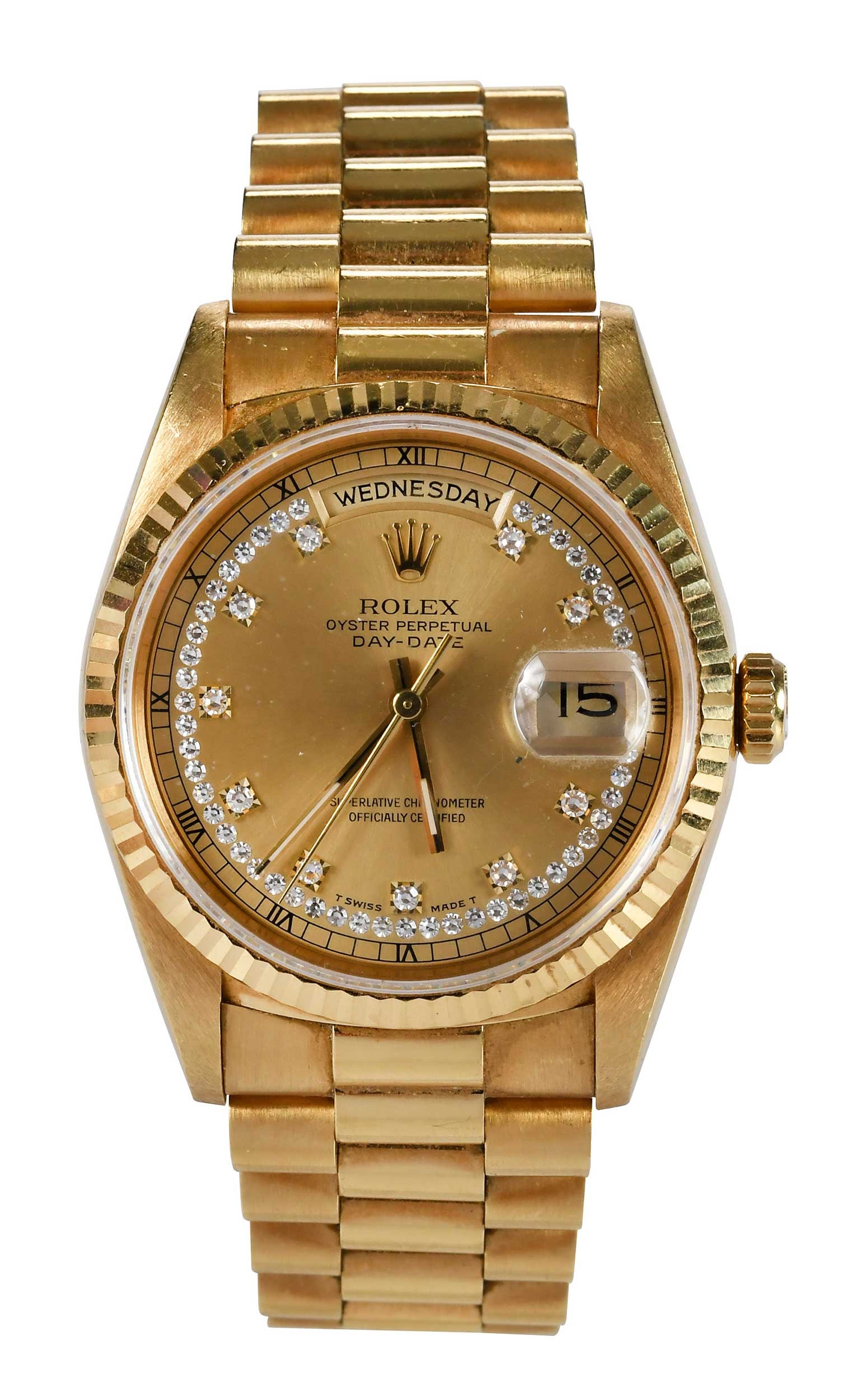 18kt. Rolex Presidential Diamond Dial Watch - Box and Papers: circa 1989, 36mm, day date, fluted bezel, champagne string of diamond dial, diamond next to Roman numeral hour markers, marked "18K, 750", yellow gold, serial L607805, reference 18238, movement 533334