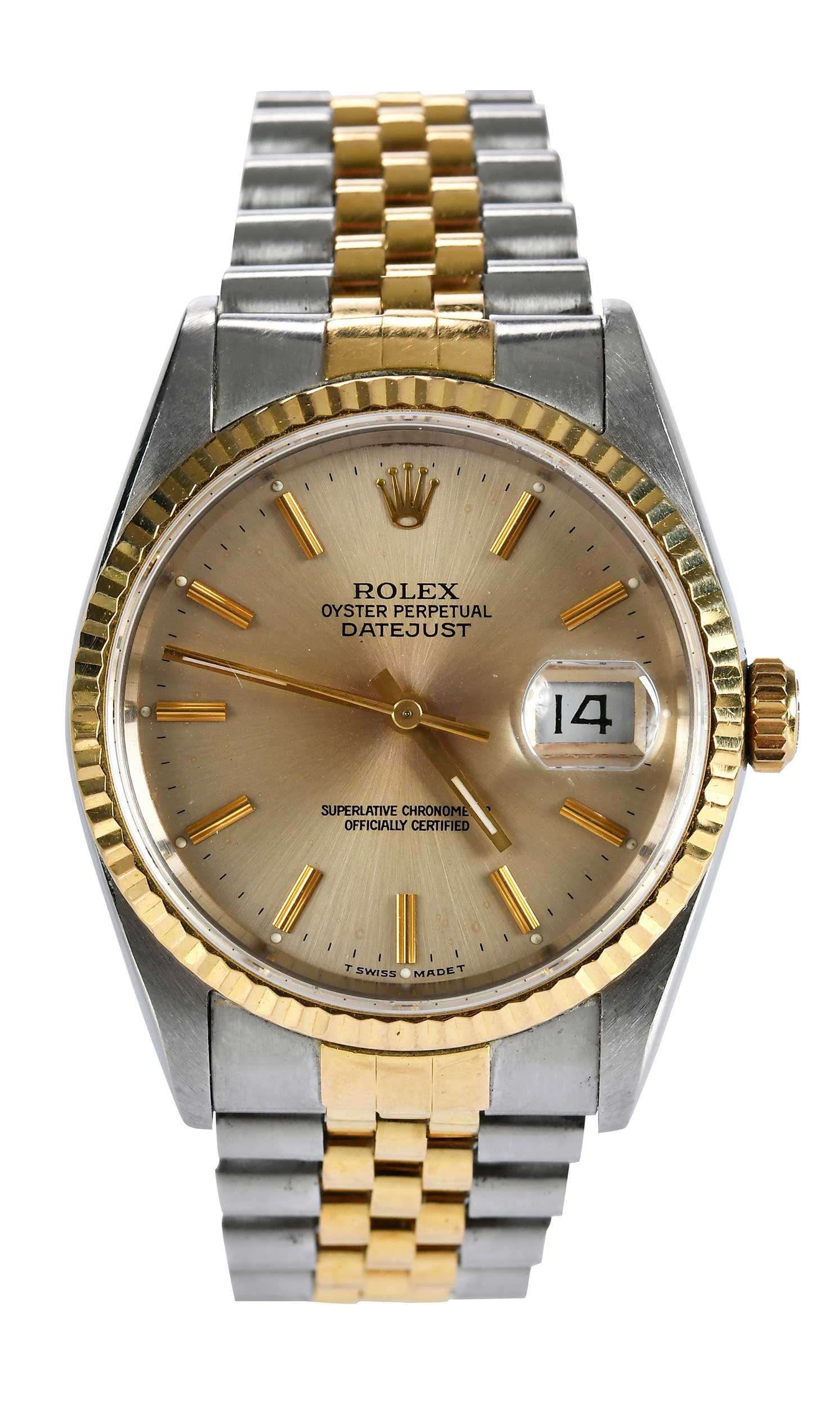 18kt. Stainless Steel Rolex Datejust Watch, Box and Paperwork: 36mm, fluted bezel, champagne dial, baton numeral hour markers, marked "18K, 750", yellow gold and steel, style R16233310 B6252, serial E482645, Jubilee bracelet, steel and 18kt. yellow gold, inside m