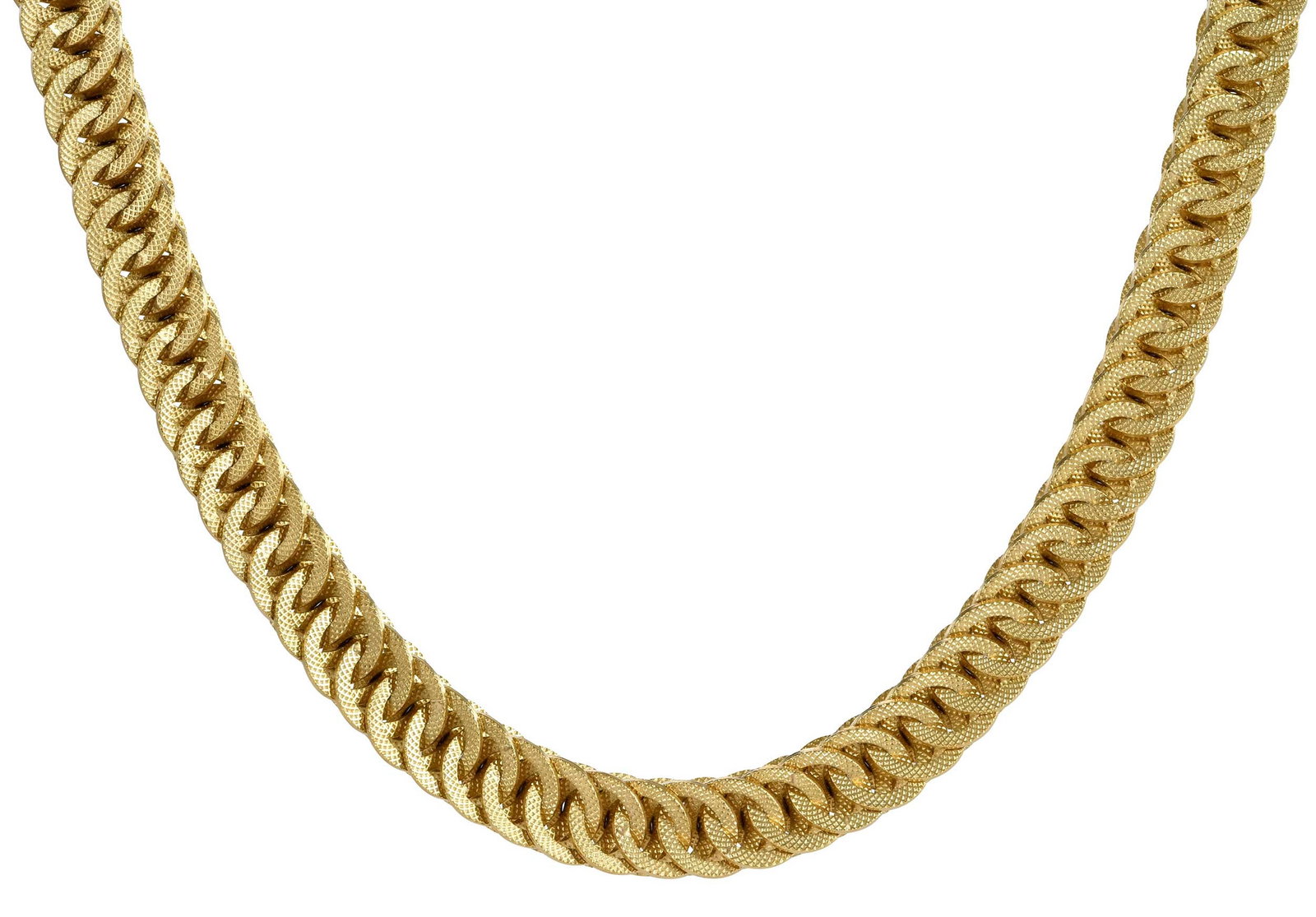 18kt. Giovanni Marchisio & Co. Dimensional Interlocking Link Necklace: heavy texture, articulated links, marked "750", yellow gold, signed "Marchisio", 32 in.length,10.0mm wide, 114.4 g Provenance: Private Virginia Collection Note: Brunk Auctions does not guarantee the a