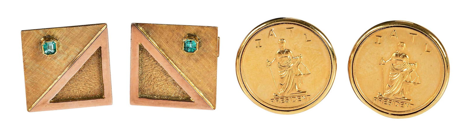 Two Pairs of Vintage 18kt. Gold Cufflinks: round medallions, "IATL", International Association of Trial Lawyers, marked "18k, TSL", yellow gold, 20.0mm diameter, T bar backings, 19.7 g; square shape, two step cut emeralds, marked "18K", yellow
