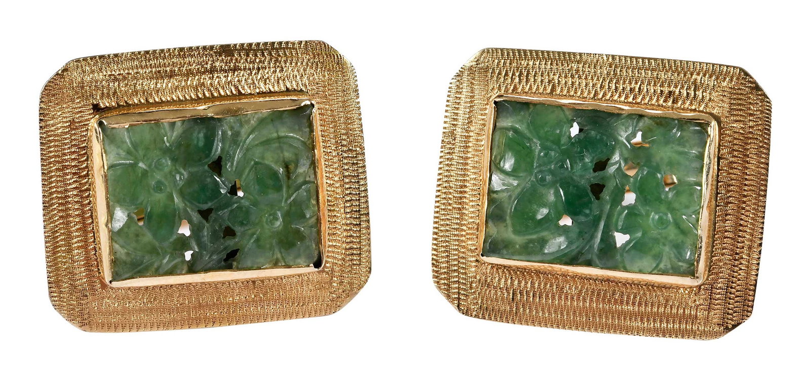 14Kt. Carved Jade Cufflinks: two rectangular, carved jade, textured finish, marked "14K" yellow gold, 27.0 x 23.0mm, T bar backings, 17.0 g Provenance: Collection of William W. Sauer, Virginia Beach, Virginia; sold to benefit the