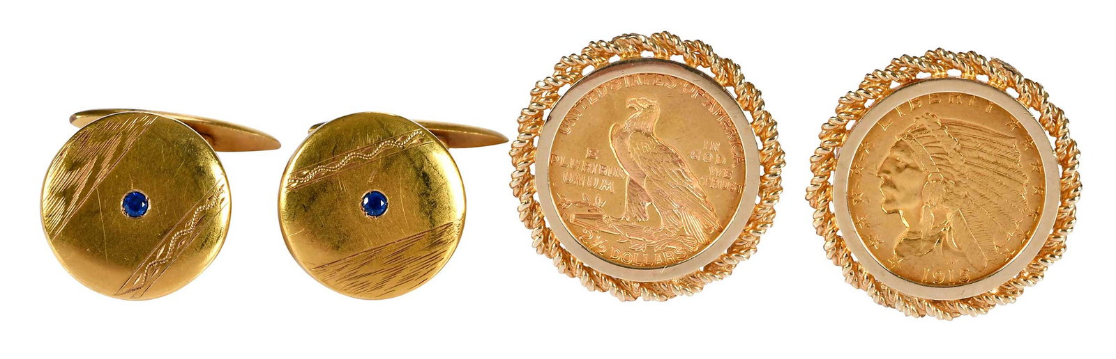 Two Pairs of Gold Cufflinks, Blue Sapphire and Indian Head Gold Coin (1 of 11)