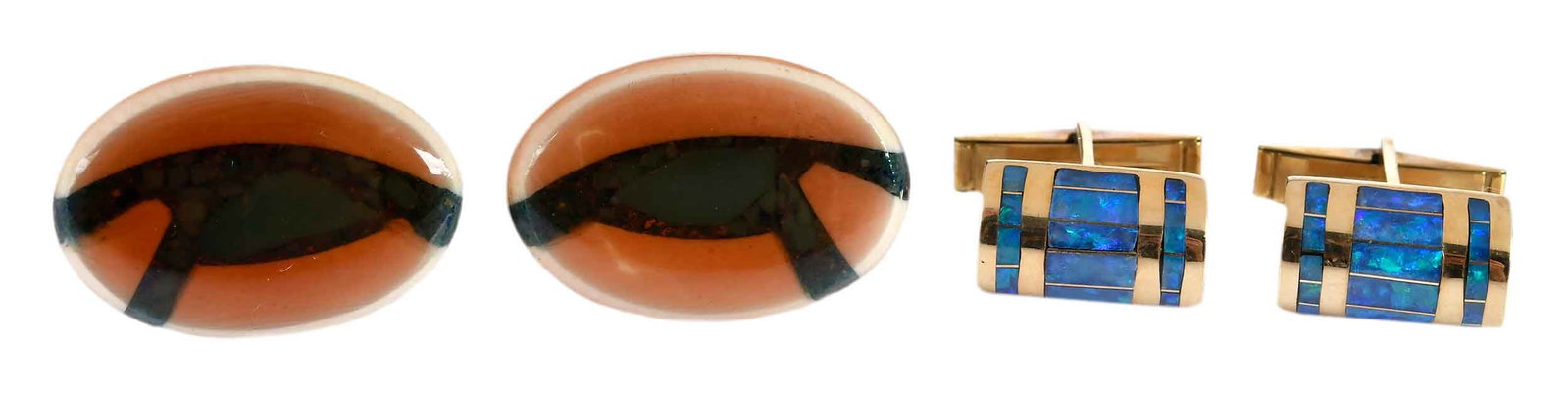 Two Pairs of Cufflinks, One with Opal Inlay: opal inlay, marked "18K", yellow gold, approx. 16.0 x 13.0mm, T bar backings, 15.9 g; oval shape, marked "AB", tests not gold, 27.0 x 18.0mm, T bar backings, 12.1 g Provenance: Private Collection Note