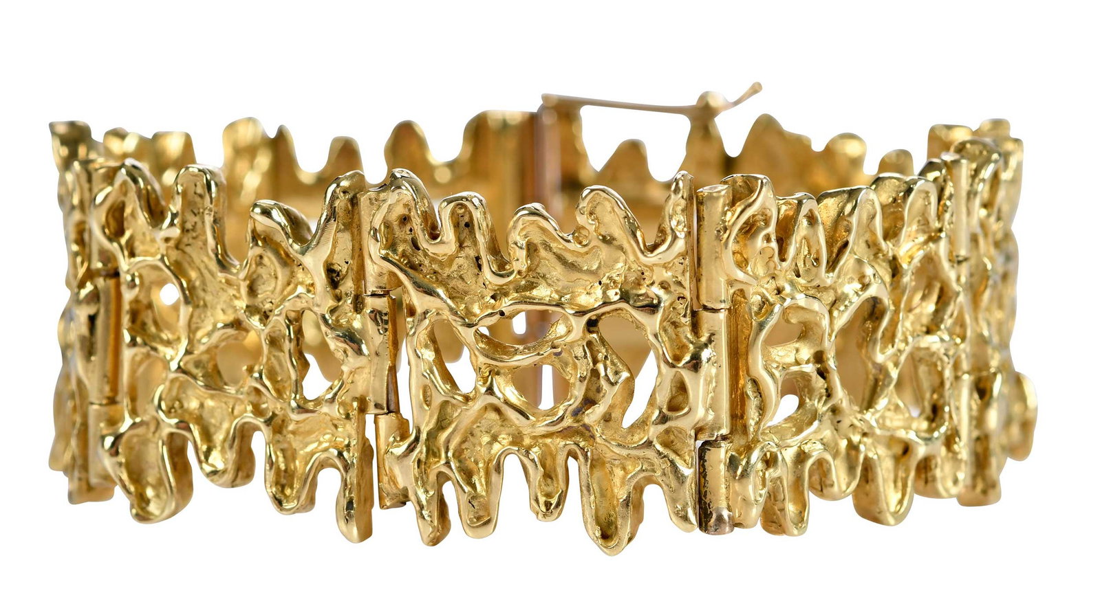 18kt. Modernist Panel Bracelet: deep ridged texture, tactile finish, articulated links, marked "18K", yellow gold, 7-1/2 in.length, 25.0mm wide, 97.5 g Provenance: Private Virginia Collection Note: Brunk Auctions does not guarantee 