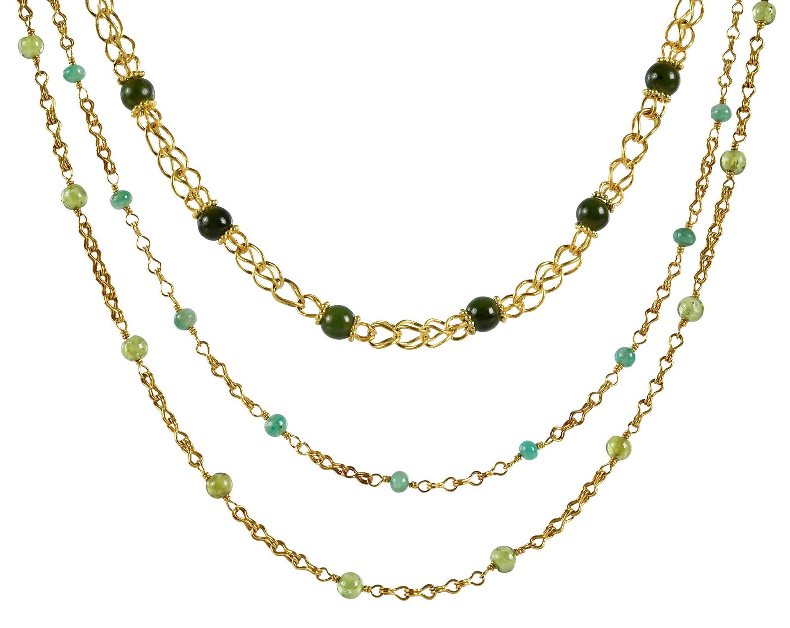 18kt. Collection of Three Fancy Link Bead Chains: high polish links, all test 18kt. yellow gold; jade beads, 19 in. length, approx. 6.0 wide; jade beads, signed "TA", 28 in. length, approx. 4.0 wide; peridot beads, 16 in. length, approx. 5.0 wide; to