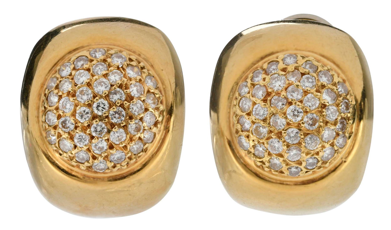 18kt. Diamond Pave Domed Earrings: round faceted diamonds, marked "750", yellow gold, post backs, 3/4 in. length, 11.1 g Provenance: Private Collection Note: Brunk Auctions makes no warranty or guarantee regarding any metal stamps, mak
