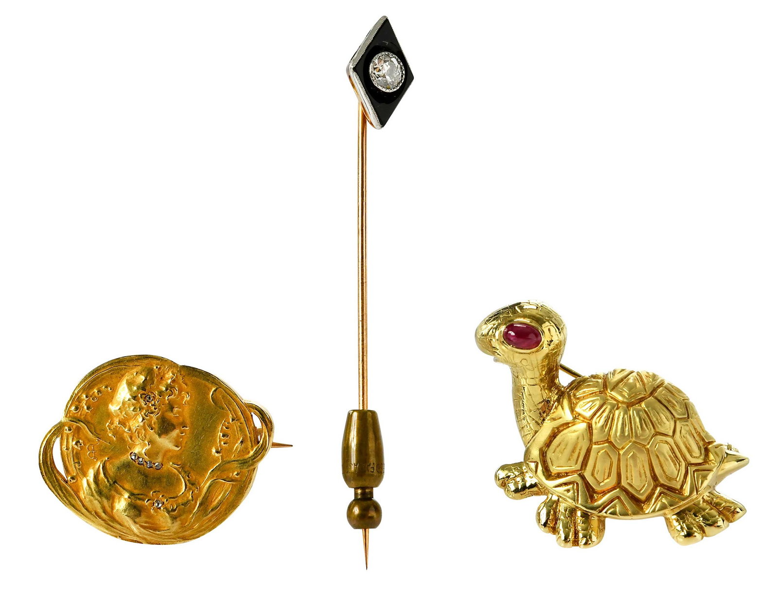 Collection of Gold Brooches, Art Nouveau, Turtle and Antique Diamond Stick Pin: comprising: high relief repousse, old cut diamonds, approx. 1-1/4 x 1 in., marked " AR", Hallmark 18kt. yellow gold, 10.8 g; oval cabochon ruby, satin and high polish finish, marked "18kt", yellow gol