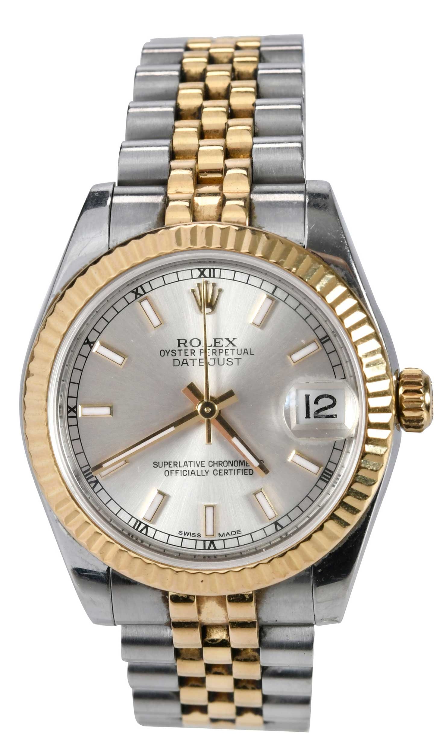 18kt. Stainless Steel Ladies Rolex Datejust Watch - Box and Extra Links: 31mm, fluted bezel, silver sun ray dial, baton numeral hour markers, marked "18K, 750", yellow gold and steel, reference 178273, movement V25586x8, Rolex calibre 2235, Jubilee bracelet, steel and 18kt