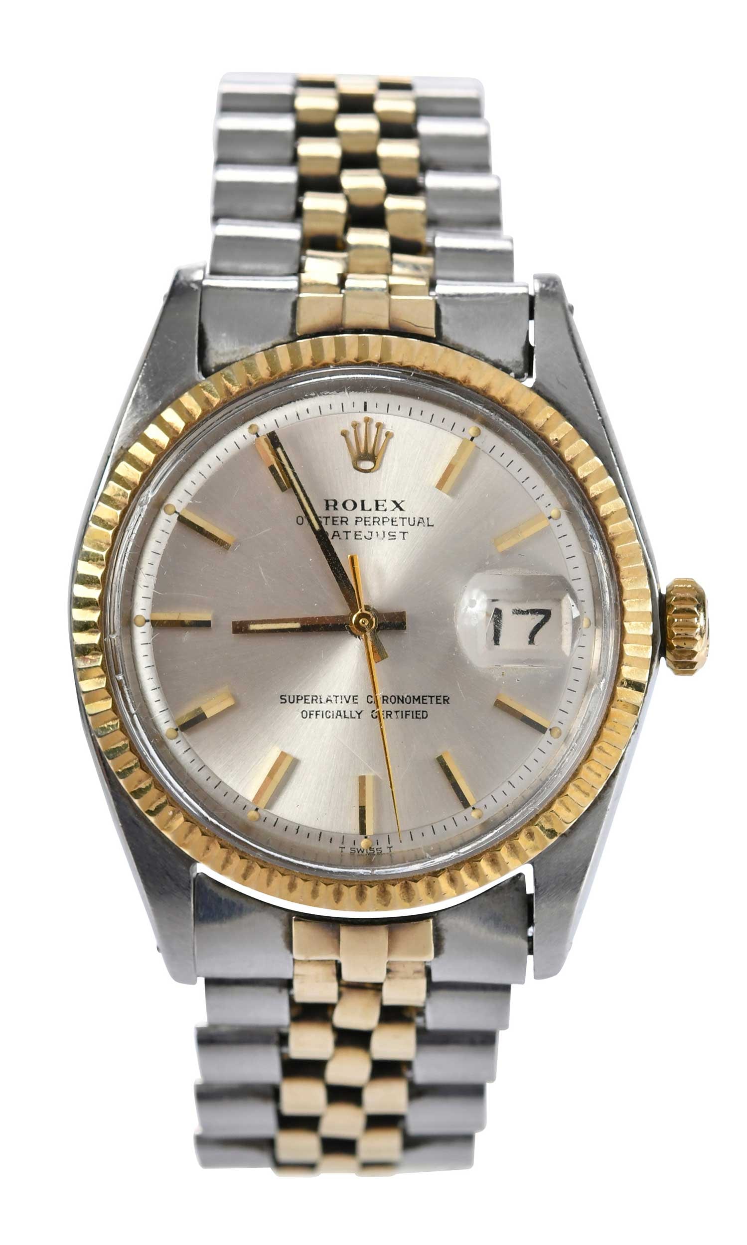 18kt. Stainless Steel Two Tone Vintage Rolex Watch with Paperwork: 36mm, fluted bezel, baton numeral hour markers, marked "18K, 750", yellow gold and steel, model 16013, movement 8136543, jubilee bracelet, steel and 18kt. yellow gold, inside measurement 7-1/2 in., ad