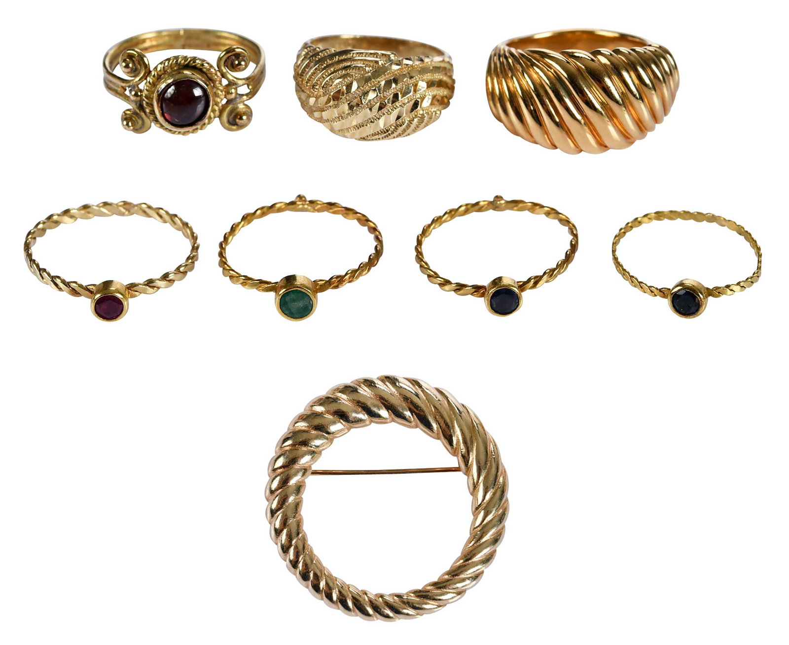 Collection of Eight Gold and Gemstone Rings and Brooch: comprising: round cabochon cut garnet, tests 18kt. yellow gold, 8-1/4 ring sz., 4.6 g; ribbed dome ring, marked "14K", yellow gold, 7-1/4 ring sz., 2.3 g; diamond cut domed ring, marked "14K", yellow 