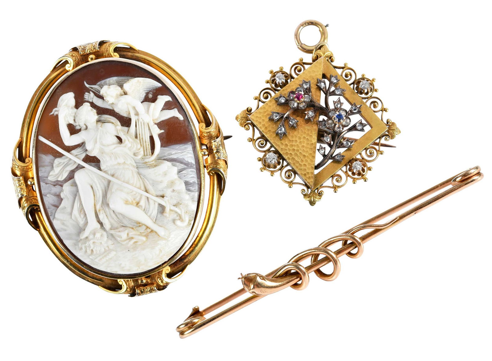 Collection of Gold Vintage Brooches, Cameo, Fibula, Diamond and Gemstone: comprising: carved shell cameo, approx. 2-1/4 x 2in., tests 14kt. yellow gold, 18.2 g; high polish snake, marked "14ct", yellow gold, 2-5/8 in. length, 5.6 g; round old cut ruby and blue sapphire, old