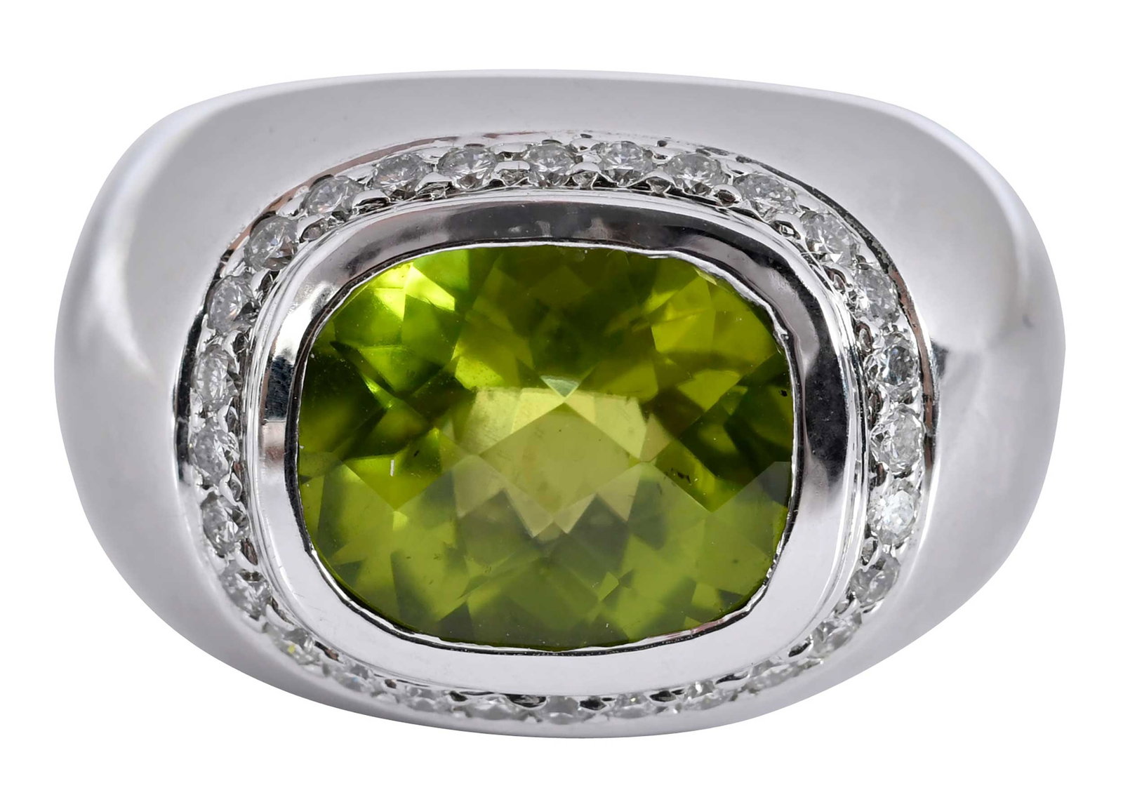 18kt. Peridot and Diamond Ring: checkerboard faceted peridot, approx. 11.0 x 9.0mm, round faceted diamonds, marked "750", white gold, 8-1/2 ring sz., 20.0 g Provenance: Private Collection, Virginia Beach Note: Brunk Auctions makes n