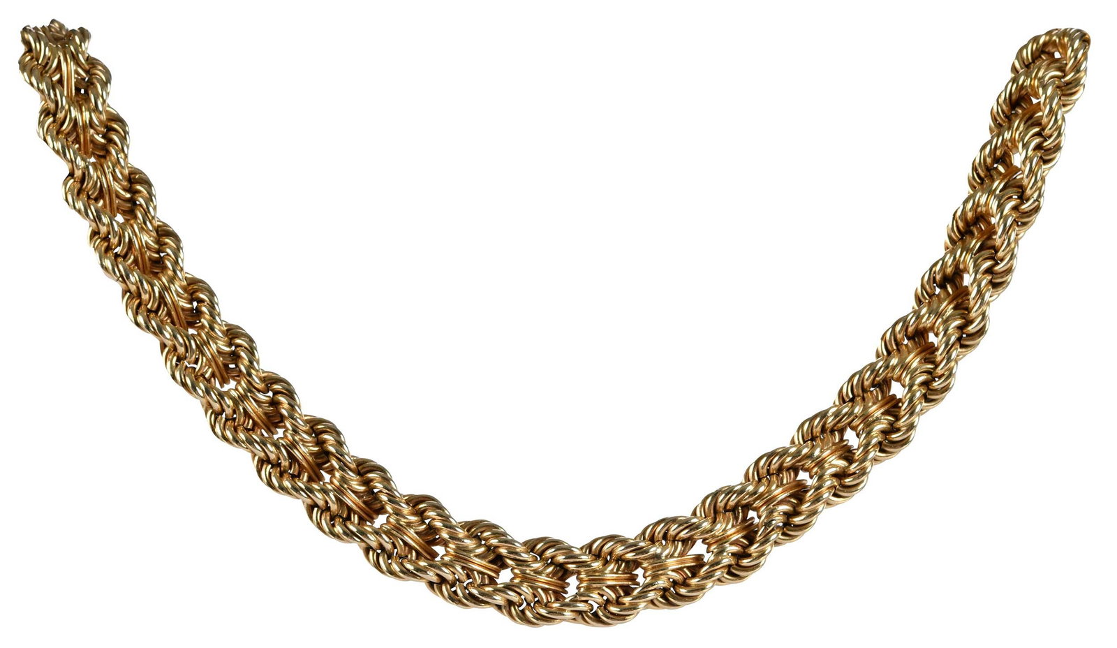 14kt. Intricate Braided Rope Chain Necklace: high polish, marked "14K", yellow gold, engraved "PKA FJA 1939-1964", 15-1/2 in.length, 14.0mm, 61.9 g Provenance: Private Virginia Collection Note: Brunk Auctions does not guarantee the accuracy of m