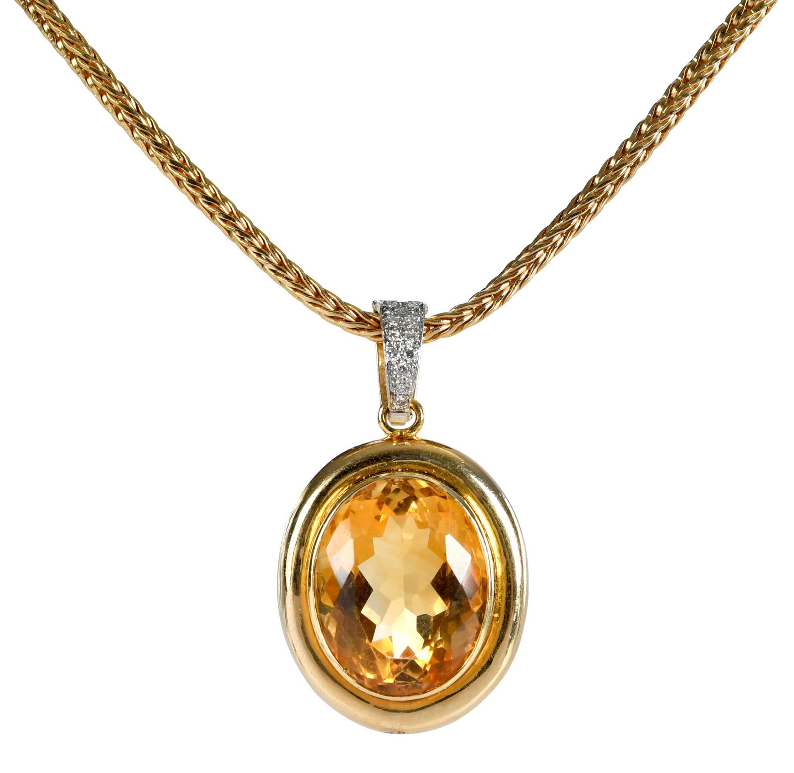 14kt. Bezel Set Citrine and Diamond Pendant on Chain: oval faceted citrine, round full cut diamonds, marked "14k", yellow gold, wheat chain, marked "14k", yellow gold, 16 in. length, 3.0mm wide, 41.4 g Provenance: Private Virginia Collection Note: Brunk 