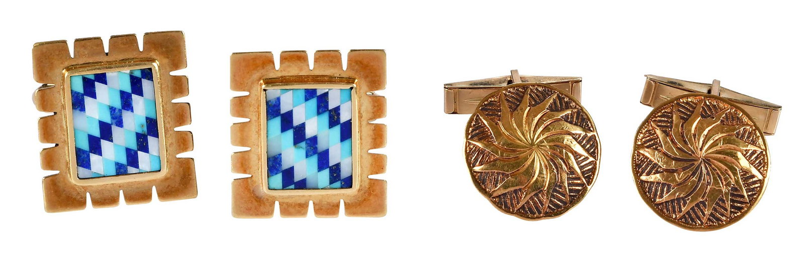Two Pairs of Gold Cufflinks, Creek Seminole and Inlay Design: high polished and textured finish, marked "22K, Creek kg Seminole",T bar backings, marked "14K", all yellow gold, 17.5mm diameter, 5.5 g; circa 1986, Bruce Campbell, lapis, mother of pearl and turquoi
