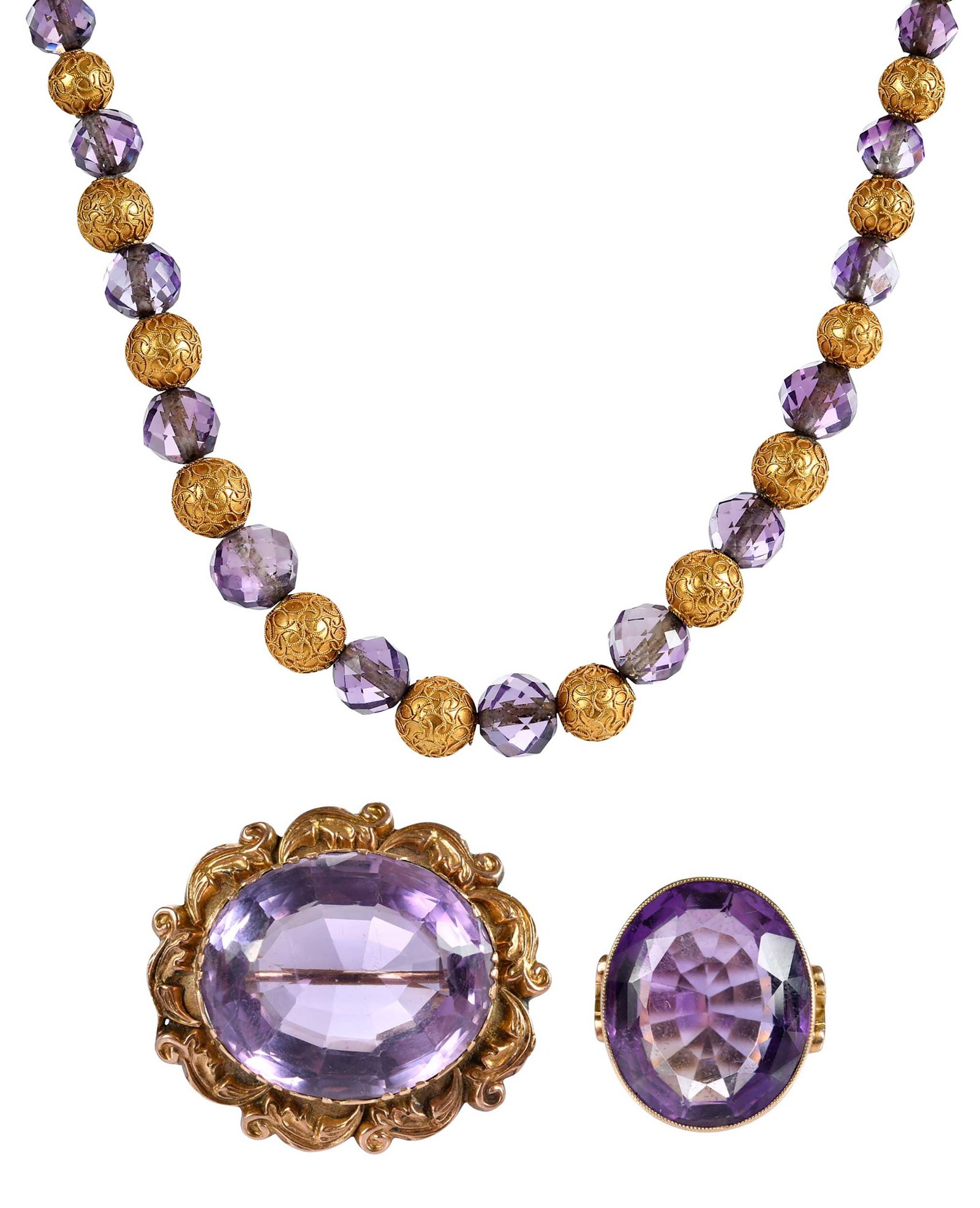 14kt. Amethyst Suite, Brooch, Ring and Beaded Necklace: comprising: brooch, oval faceted amethyst, marked "14k", yellow gold, 1-1/2 in. length; ring, oval faceted amethyst, tests 14kt. yellow gold, 4-1/2 ring sz.; necklace, alternating round gold and facet