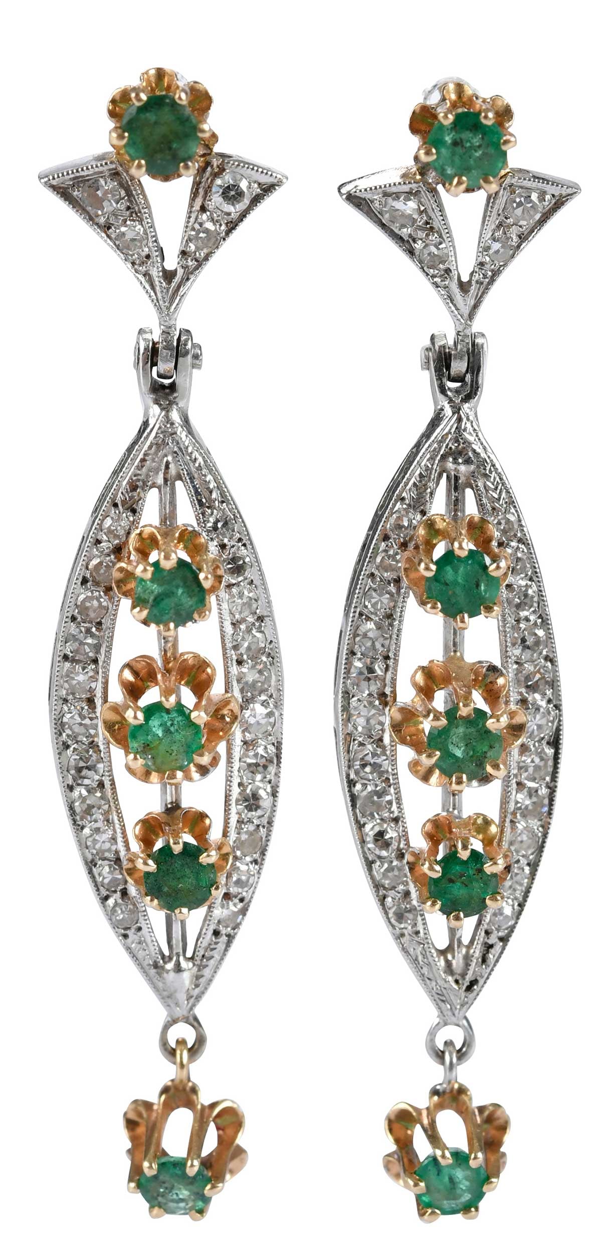 14kt. Vintage Navette Shape Emerald and Diamond Drop Earrings (1 of 3)