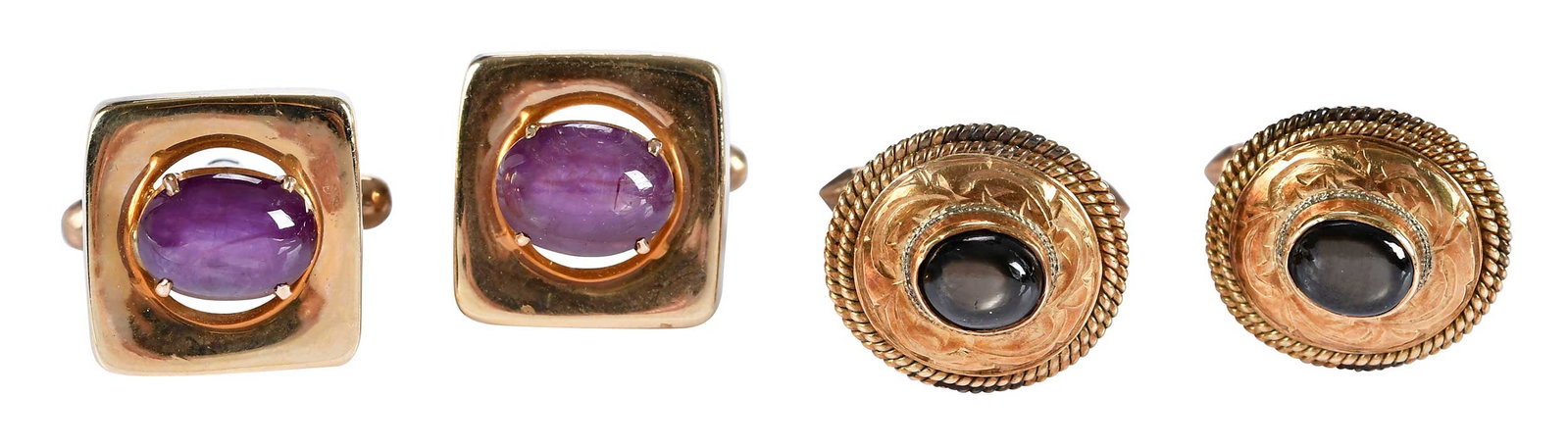 Two Pairs of Cufflinks, Star Ruby Cuffflinks and Black Star Sapphire Cufflinks: two oval cabochon cut star rubies, approx. 9.25ctw., marked "18k", yellow gold, 16.0 x 16.0mm, T bar backings, marked "10K", yellow gold, 13.3 g; two round cabochon cut black star sapphire, marked "14