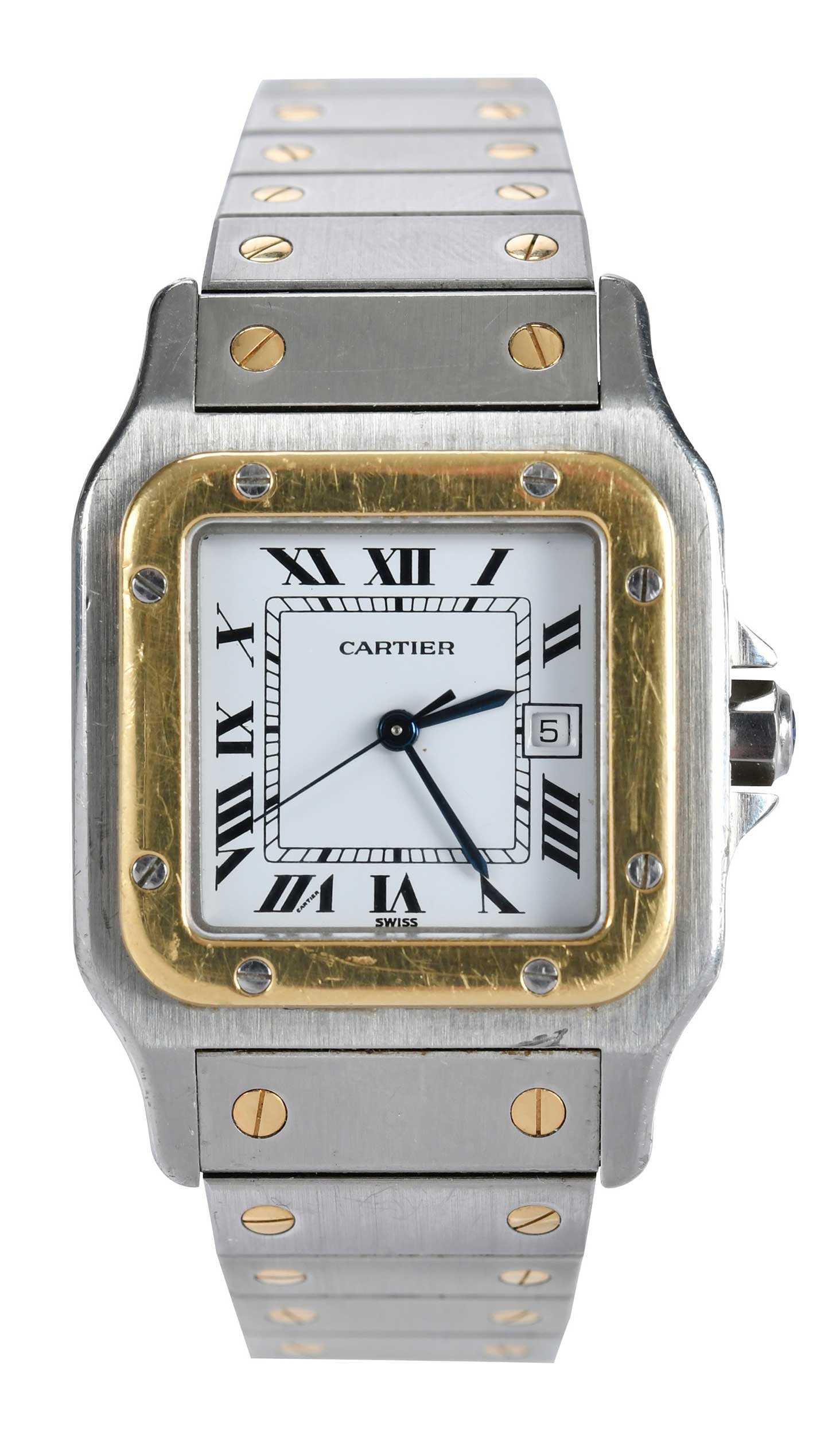 18kt. Stainless Steel Two Tone Cartier Santos Watch: 29.0mm, square curve case, classic dial, Roman numeral markers, automatic movement ETA2671, Serial 296184418, 18kt. yellow gold and stainless steel case, synthetic faceted blue spinel, blued steel swo