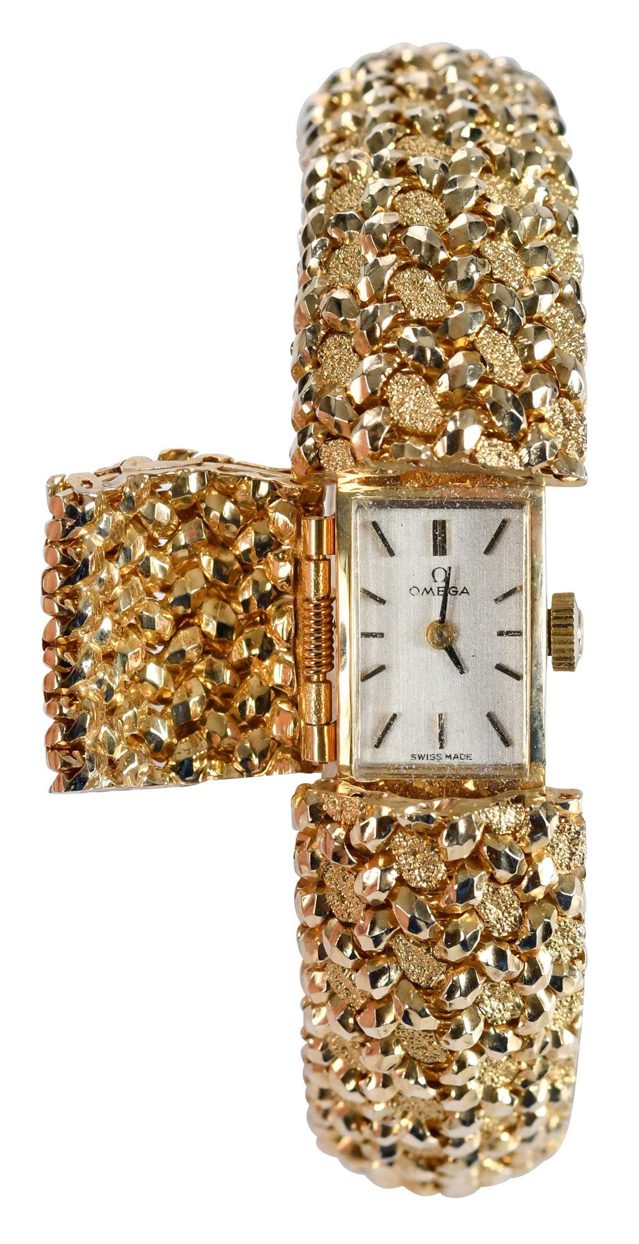 14kt. Omega Concealed Bracelet Watch: circa 1970, baton numerical markers, manual movement, heavy textured bracelet, marked "14kt", yellow gold, 6-5/8 in. length, 15.0 mm wide, 62.4 g, accompanied with Omega box Provenance: Private Virgin