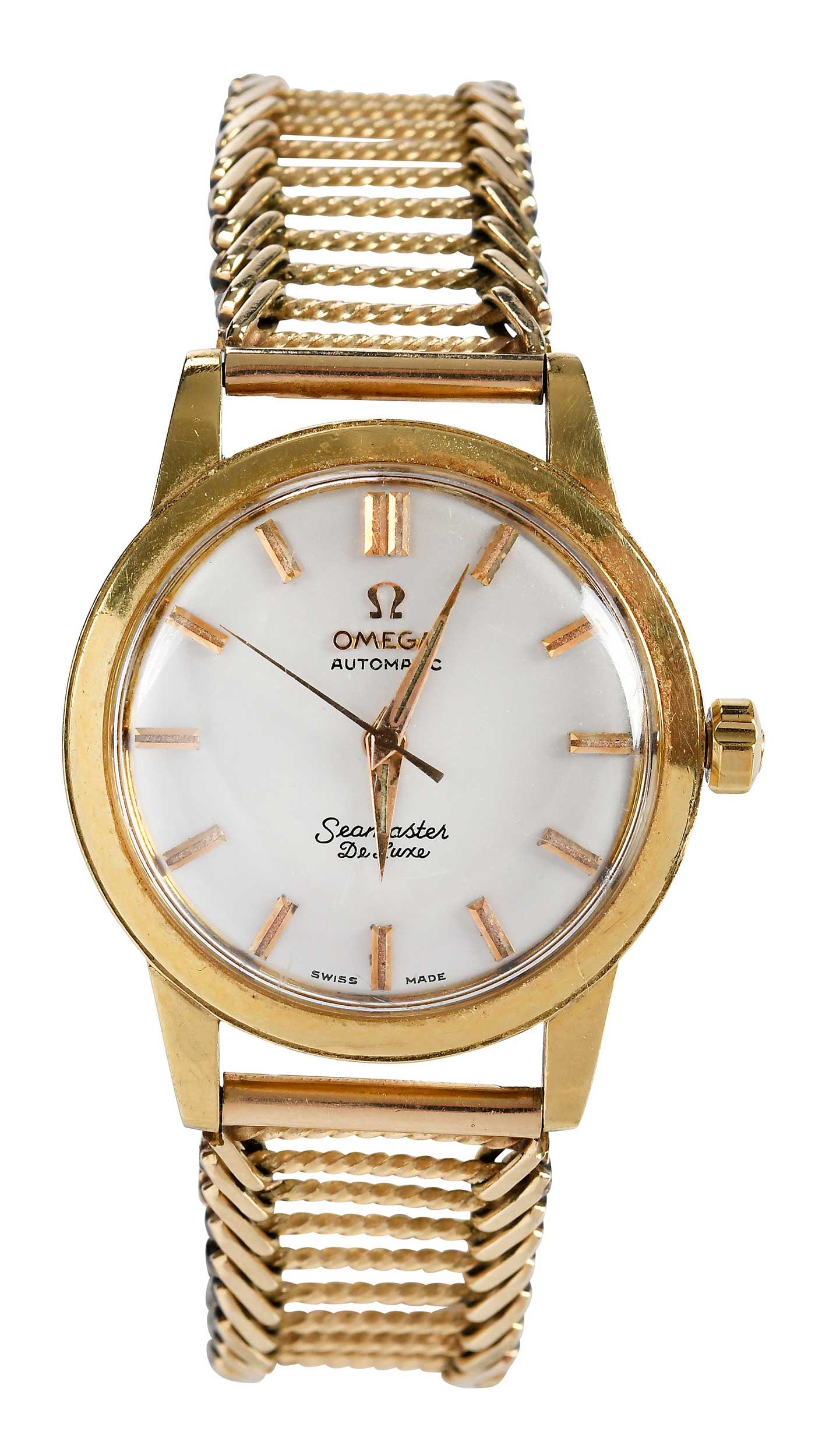 18kt. Vintage Seamaster Deluxe Omega Wristwatch: round watch case, acrylic crystal, baton numerical markers, pencil hands, 18kt. yellow gold case, crown, and case back, automatic, caliber 500, movement serial 15650963, bracelet tests 14kt. yellow go