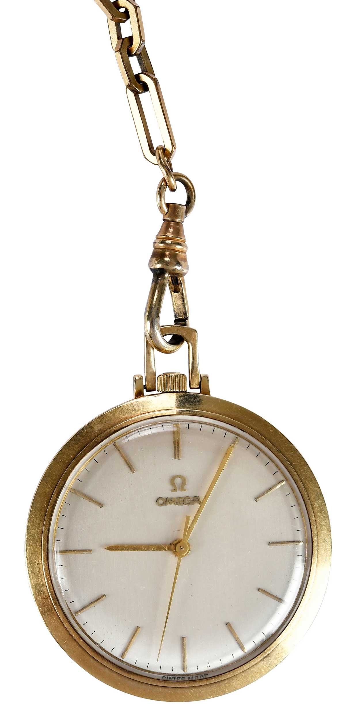 14kt. Omega Pocket Watch with Gold Toned Watch Chain: round watch case, acrylic crystal, baton numerical markers, pencil hands, 14kt. yellow gold case, crown, and case back, manual, caliber 601, movement serial 23236039, chain tests not gold, 14 in. leng