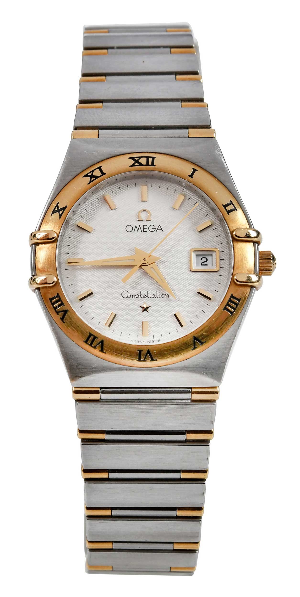 18kt. and Steel Constellation Omega Ladies Watch in Box: 33mm case, date, baton numerical markers, tests 18kt., yellow gold, quartz movement, caliber 1424, integrated bracelet, marked "6551/863, Stainless Steel", tests 18kt., yellow gold, 7 in. inside measu