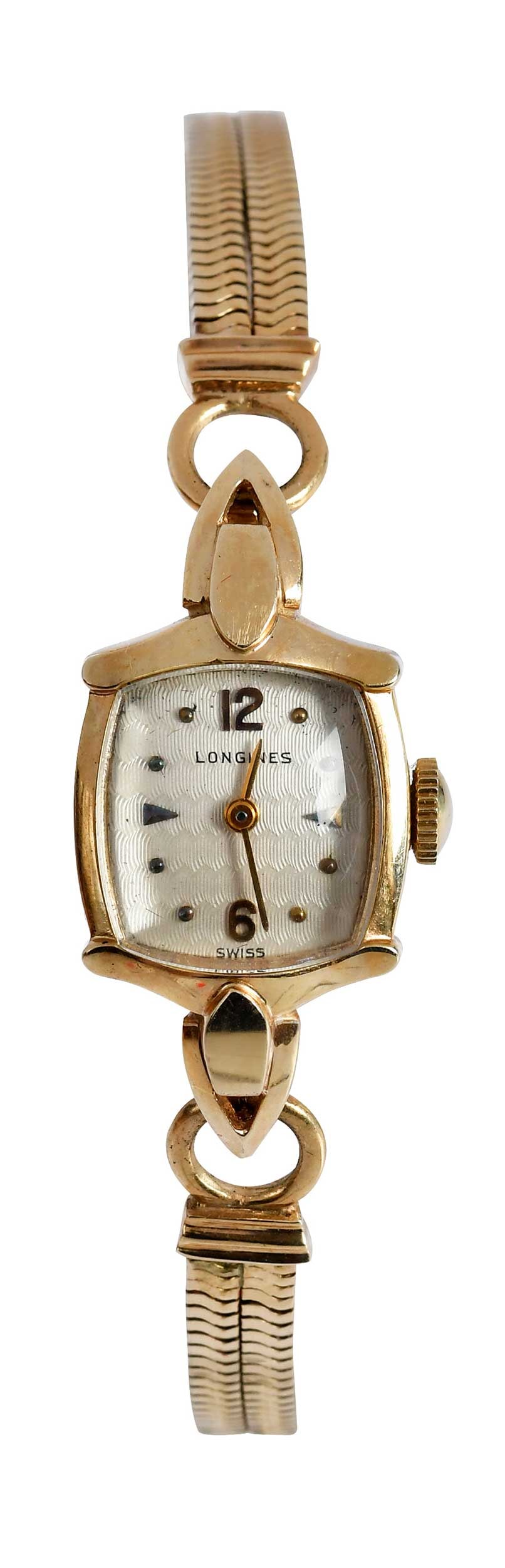 14kt. Vintage Longines Ladies Cocktail Watch with Original Box: circa 1945, square cushion shaped dial, manual movement, double squared snake link bracelet, marked "14kt", yellow gold, 6-1/2 in. length, 20.2 g, accompanied by a Longines World Fair Grounds Prize ca