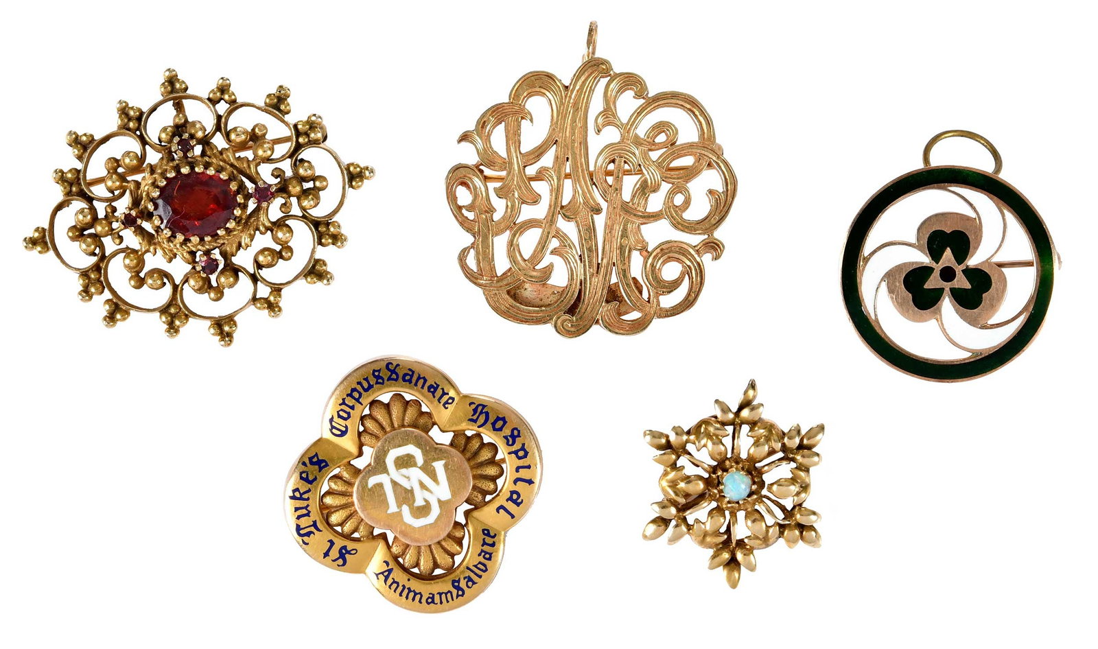 Five Vintage Gold Brooches with Enamel and Gemstones: comprising: pendant/brooch, monogram "LCN", marked "14k", yellow gold, engraved "Lillian C. Nelson Charles of the Ritz 1937-1957", 1-1/4 in. diameter; snowflake design, round cabochon opal, approx. 3.