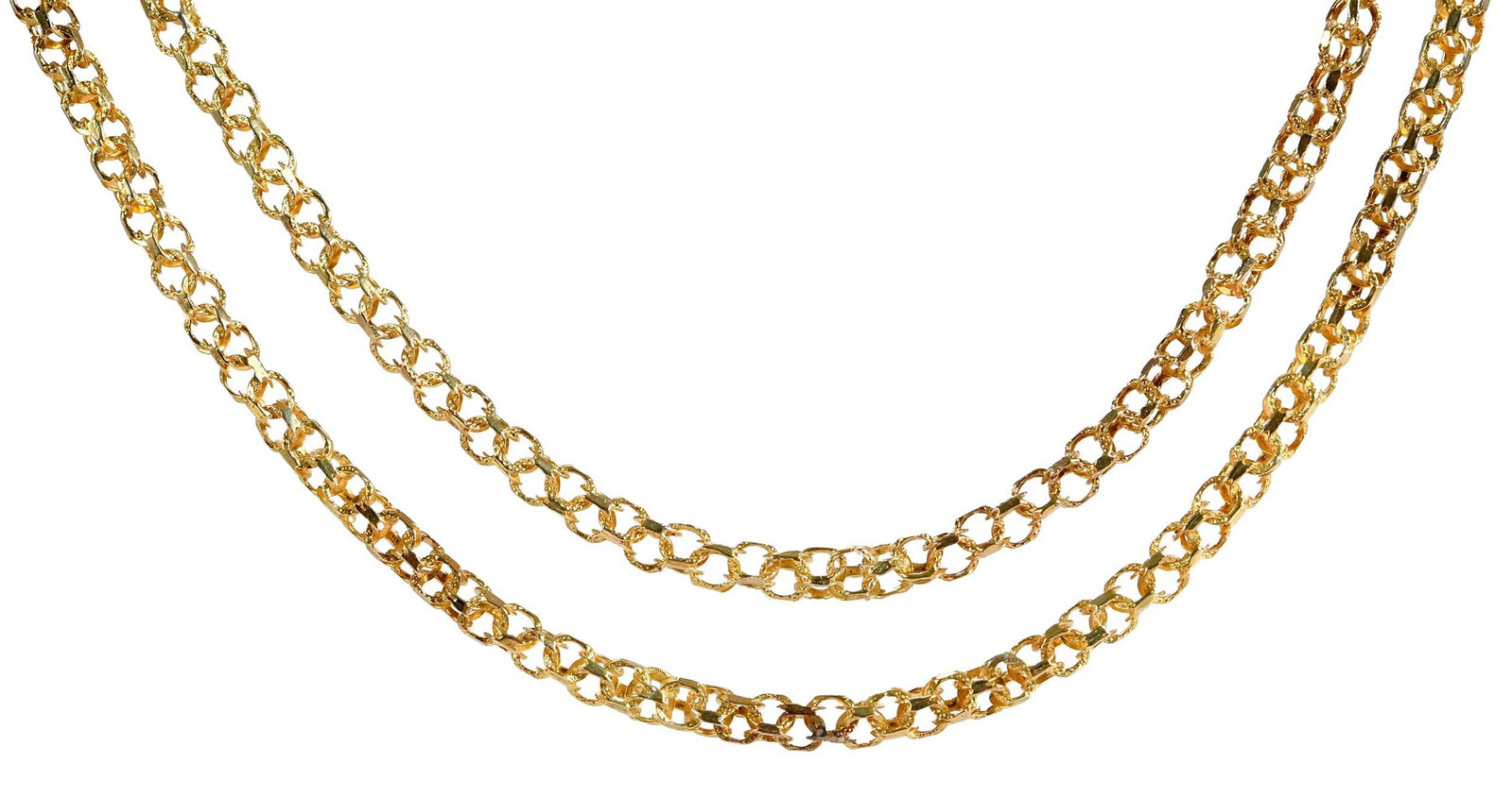 Gold Fancy Link Chain with Turquoise Hand Clasp: clasp, five cabochon cut turquoise, textured and high polish link chain, tests high karat gold, 53 in. length, 4.0mm wide, 37.5 g Provenance: Private Virginia Collection Note: Brunk Auctions makes no 