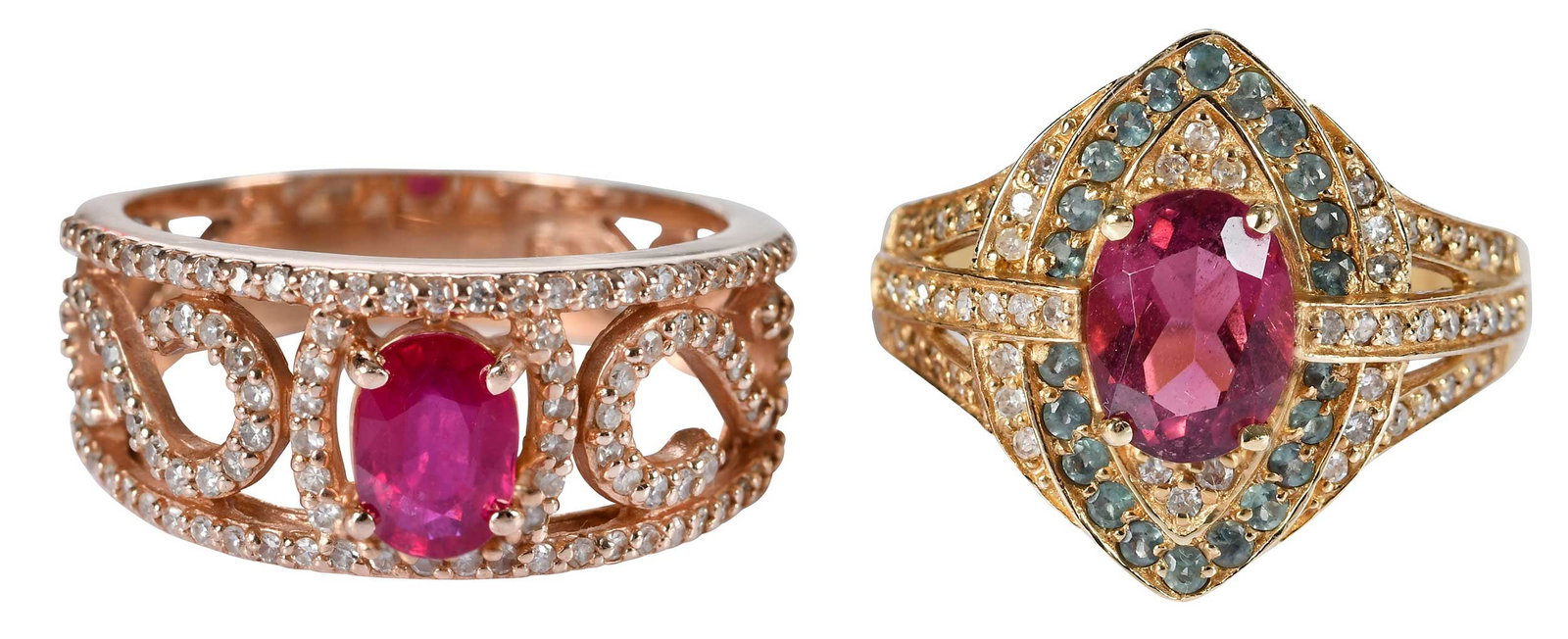 14kt. Two Fashion Rings with Gemstones and Diamonds: oval faceted ruby, approx. 7.0 x 5.0mm, round single cut diamonds, marked "14k", rose gold, 9-1/2 ring sz., 6.4 g; oval faceted pink topaz, approx. 8.0 x 6.0mm, round single cut diamonds, round single