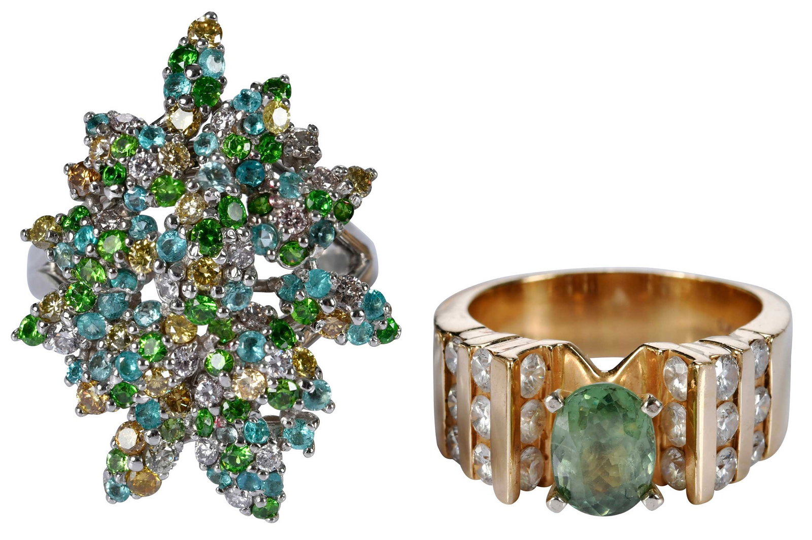 14kt. Two Gemstone and Diamond Fashion Rings: oval faceted light green tourmaline, approx. 1.25ct., 12 round faceted diamonds, marked "14k, DAI", yellow gold, 8-1/2 ring sz., 11.0 g; mix of round faceted diamonds, tourmalines, and sapphires, mark