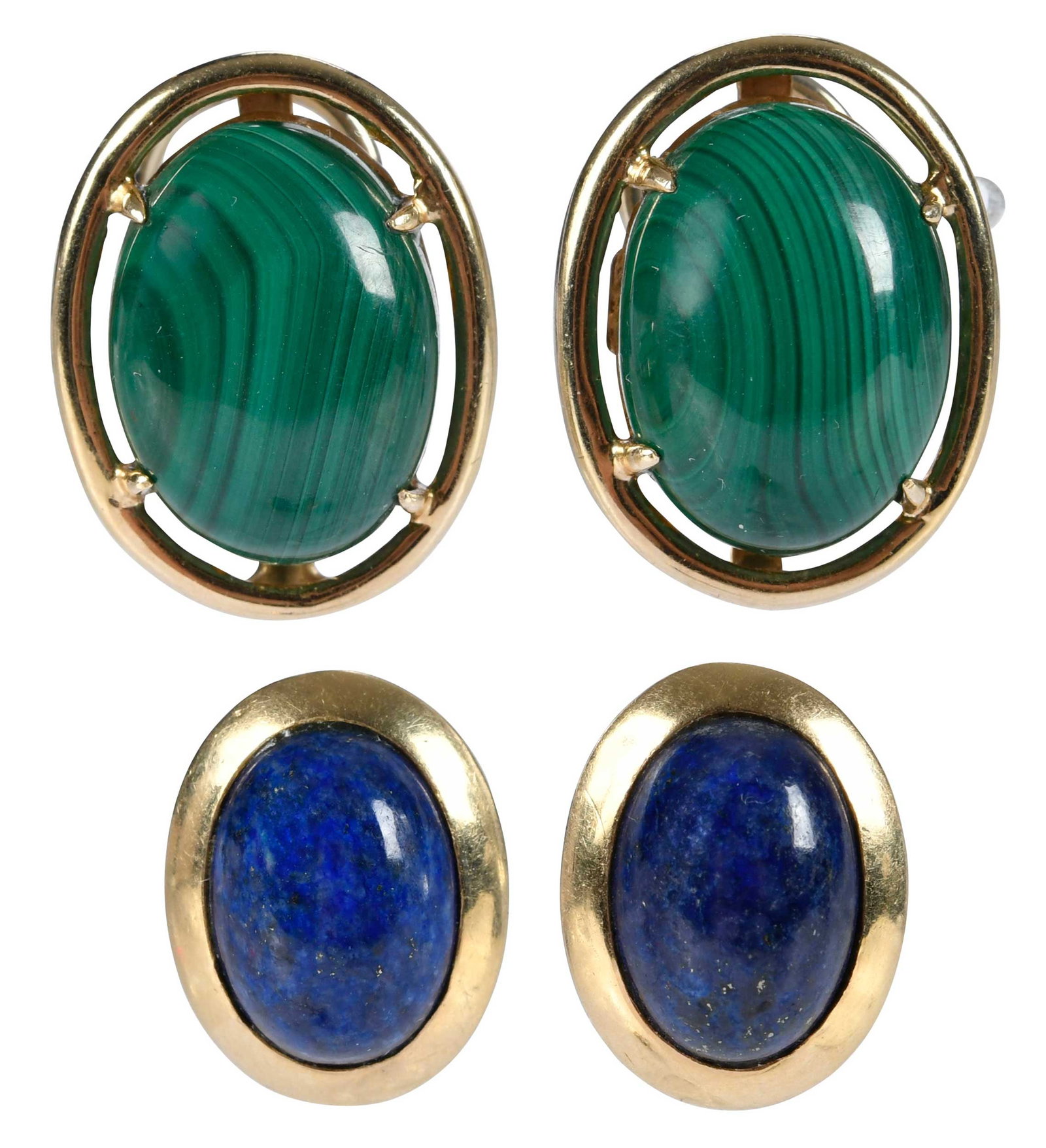 14kt. Two Pairs of Gemstone Dome Earrings: two oval cabochon cut malachite, approx. 18.0 x 13.0mm, marked "14K", yellow gold, clip on, 15.0 g; two oval cabochon cut lapis lazuli, approx. 14.0 x 10.0mm, marked "14K", yellow gold, clip on, 7.6 g
