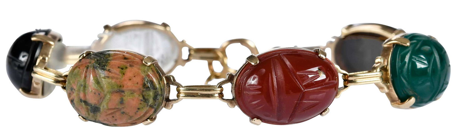 14kt. Egyptian Scarab Gemstone Bracelet: six carved scarab links, tiger's eye, green chalcedony, carnelian, unakite, black onyx, and rock crystal, each approx. 18.0 x 13.0mm, bracelet market "14k", yellow gold, 7-1/2 in. length, total weight