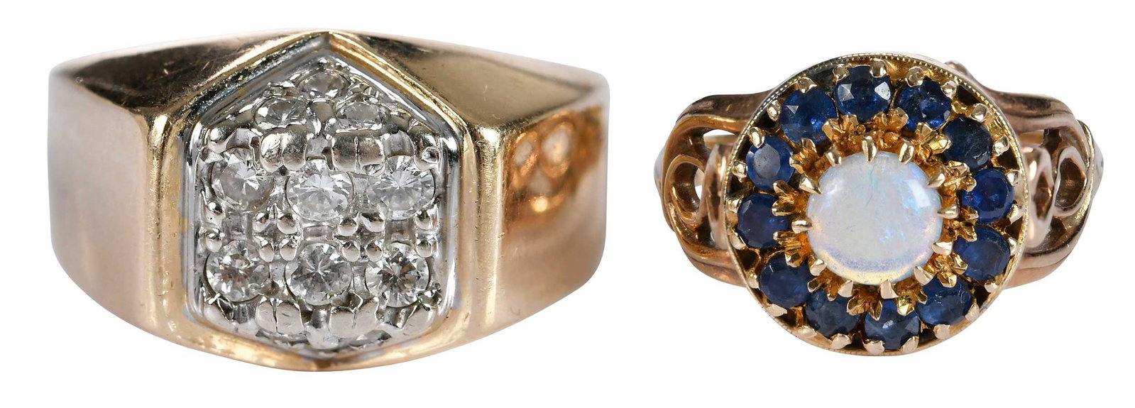 Two Vintage Gold Rings; Diamond and Gemstones: round full cut diamonds, approx. 0.35ctw., marked "10K, N", yellow gold, 9 ring sz., 10.5 g; oval cabochon opal, round single cut blue sapphire halo, marked "10K, N", yellow gold, 6-1/2 ring sz., 4.1 