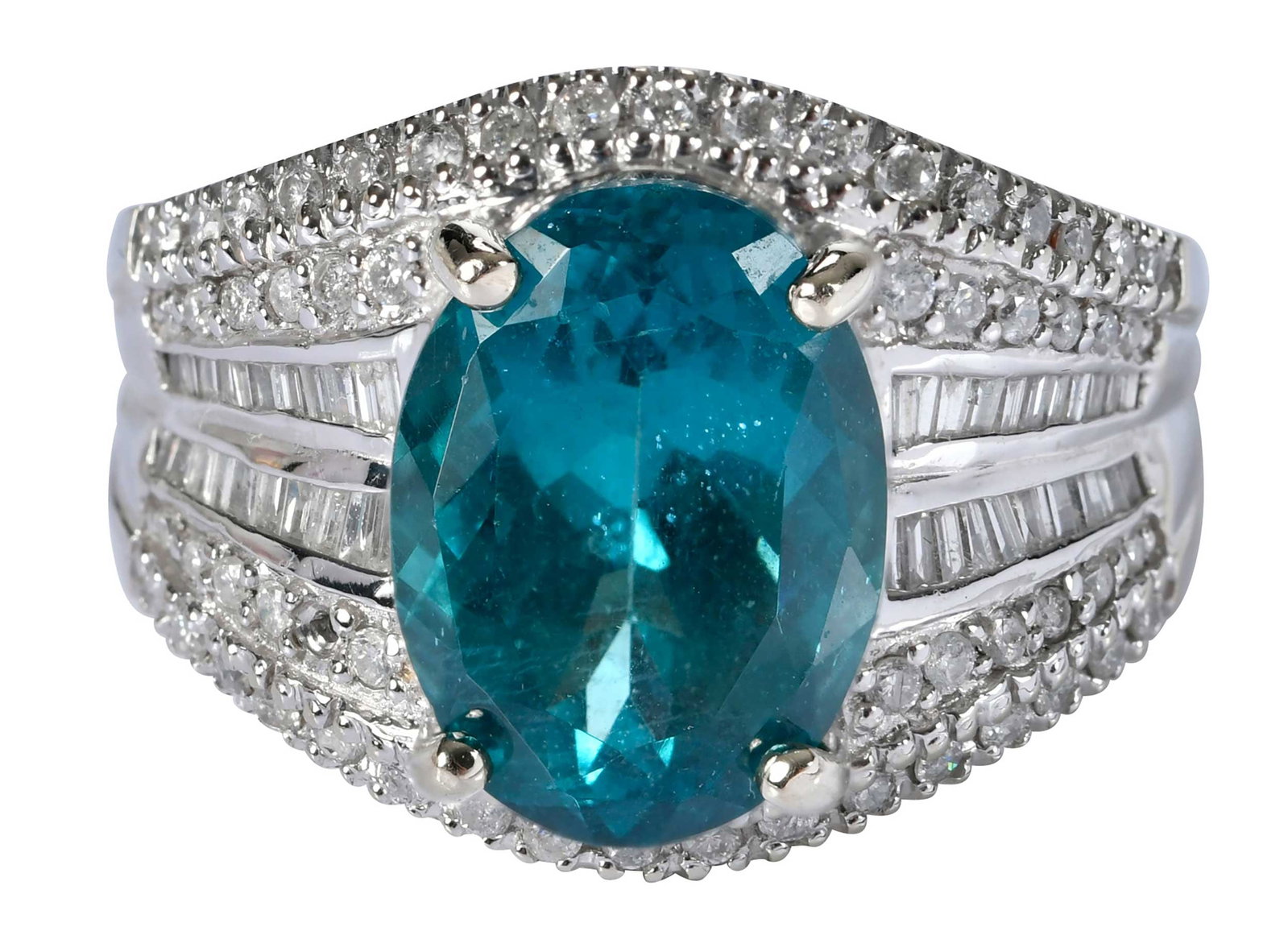 14kt. Apatite and Diamond Fashion Ring: modified oval faceted apatite, approx. 6.00ct., round faceted diamonds, baguette cut diamonds, marked "14K, China, D'yach", white gold, 10 ring sz., 10.3 g Provenance: Private Collection, Virginia Bea