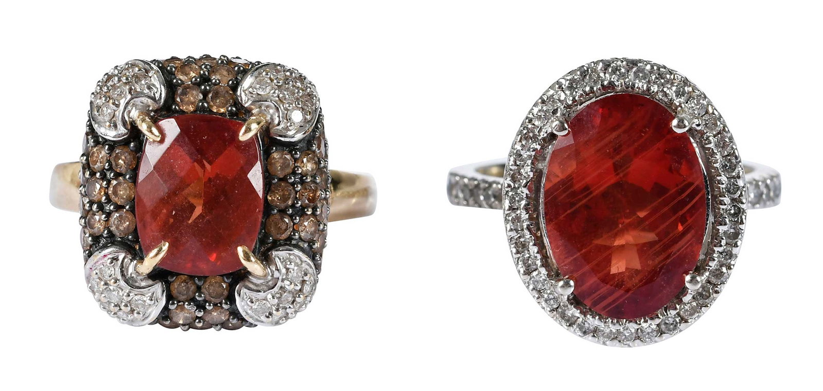 14kt. Two Gemstone and Diamond Fashion Rings: oval faceted, possibly sunstone, approx. 14.0 x 10.0mm, round faceted diamonds, marked "14k", white gold, 9 ring sz., 7.4 g; checkerboard cut, possibly sunstone, approx. 10.0 x 8.0mm, round faceted di