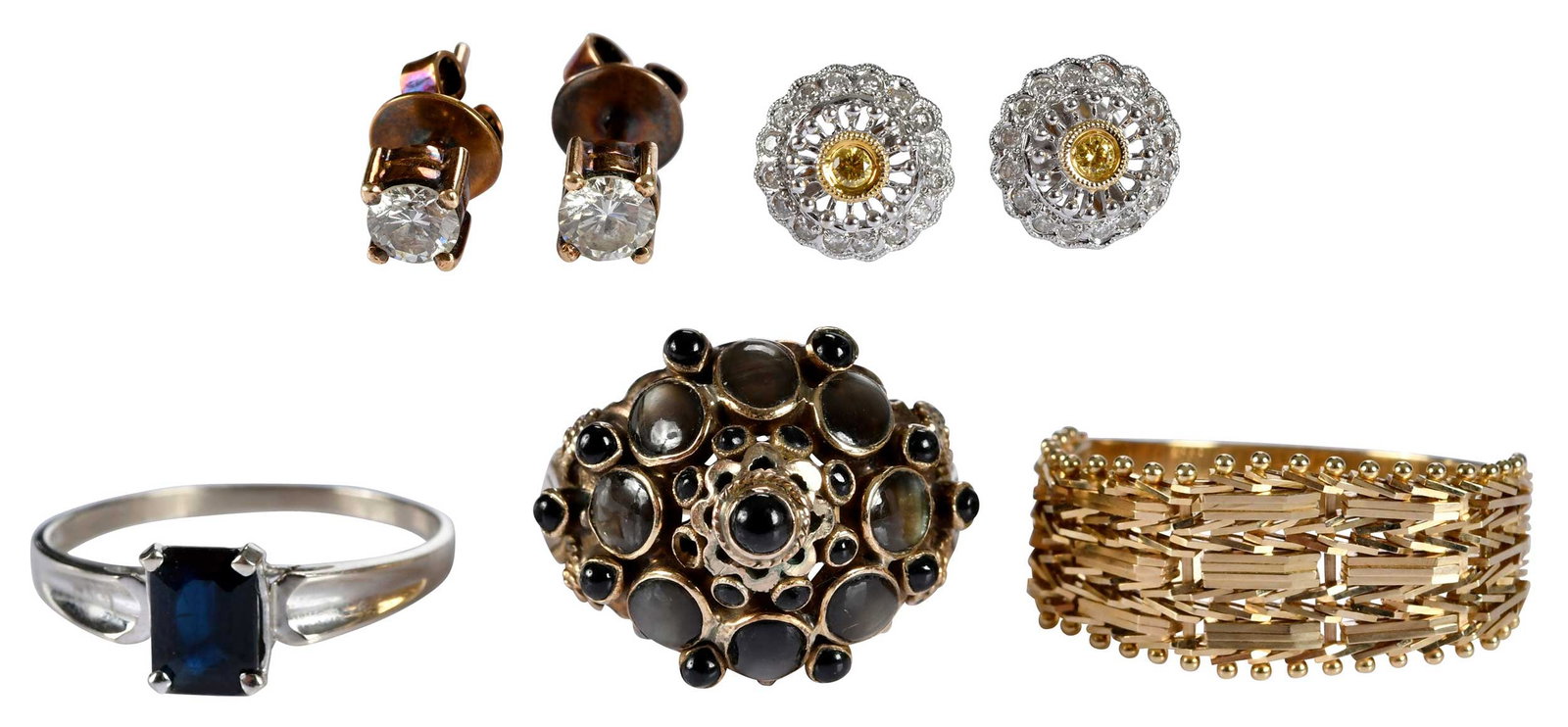 Collection of Gold Rings and Earrings, Diamond and Sapphire (1 of 6)