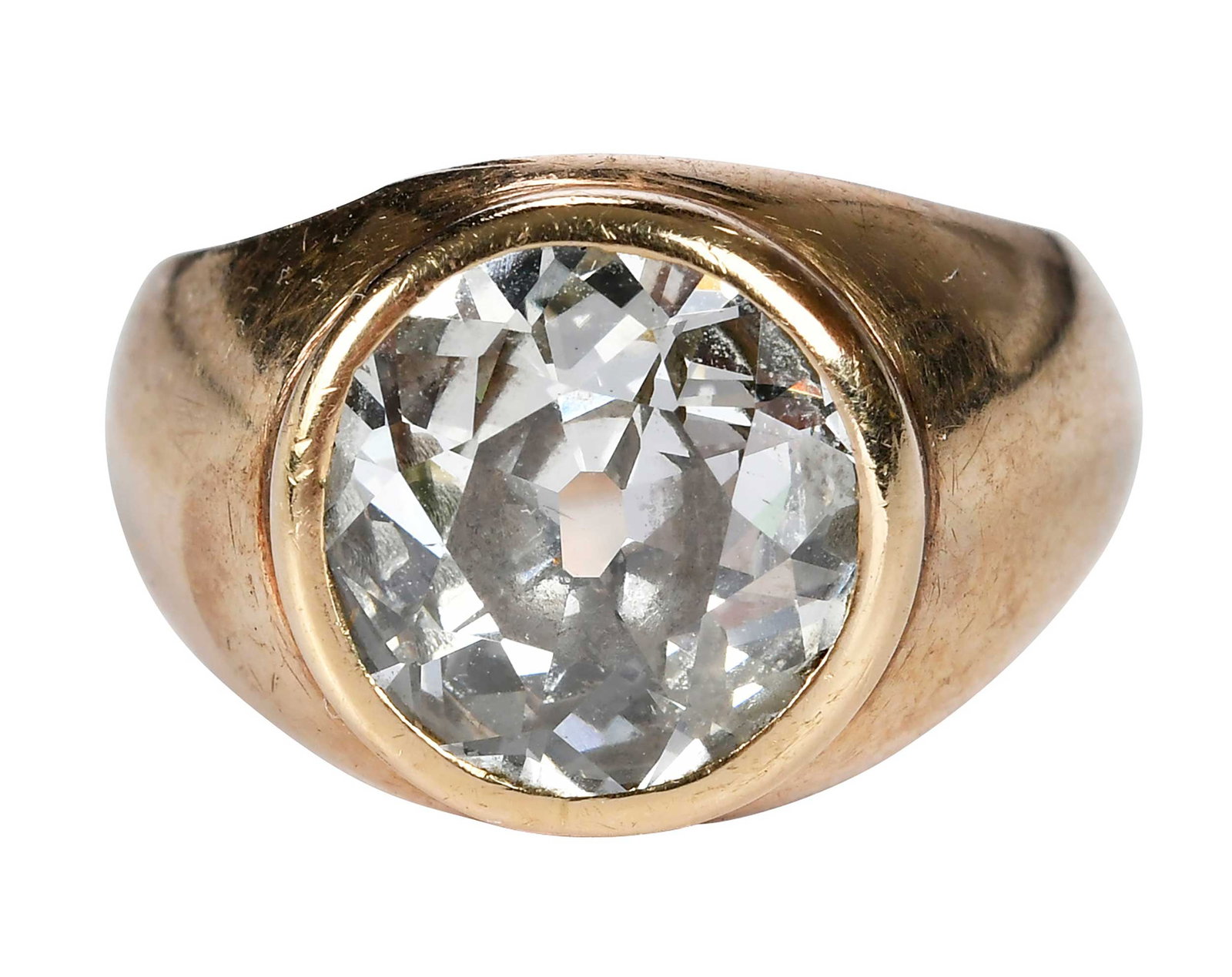 14kt. Diamond Bezel Ring: center old cut diamond, approx. 3.17ct., tests 14kt. yellow gold, 5-1/2 ring sz., just gold weight 8.2 g Provenance: Private Virginia Collection Note: Brunk Auctions makes no warranty or guarantee reg