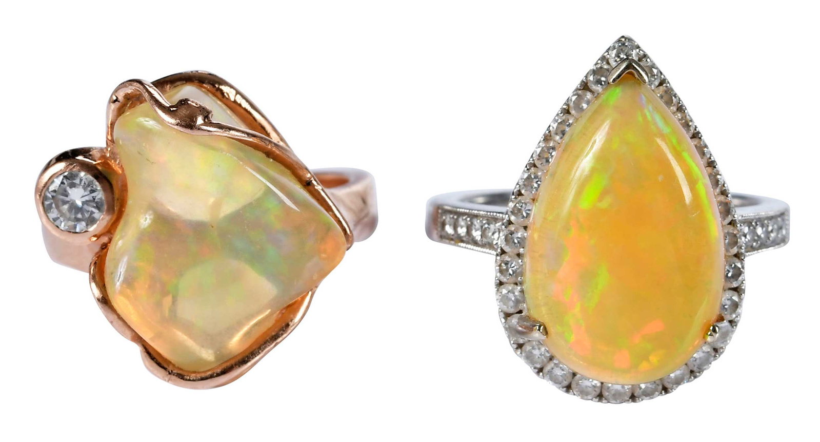 Two Gold Ethiopian Opal and Diamond Rings: classic style, pear shape cabochon opal, round full cut diamonds, approx. 0.55ctw., marked "75018K, D055SR", white gold, ring sz. 6-1/2 ring sz., 6.1 g; modern style, free form cut opal, round full cu