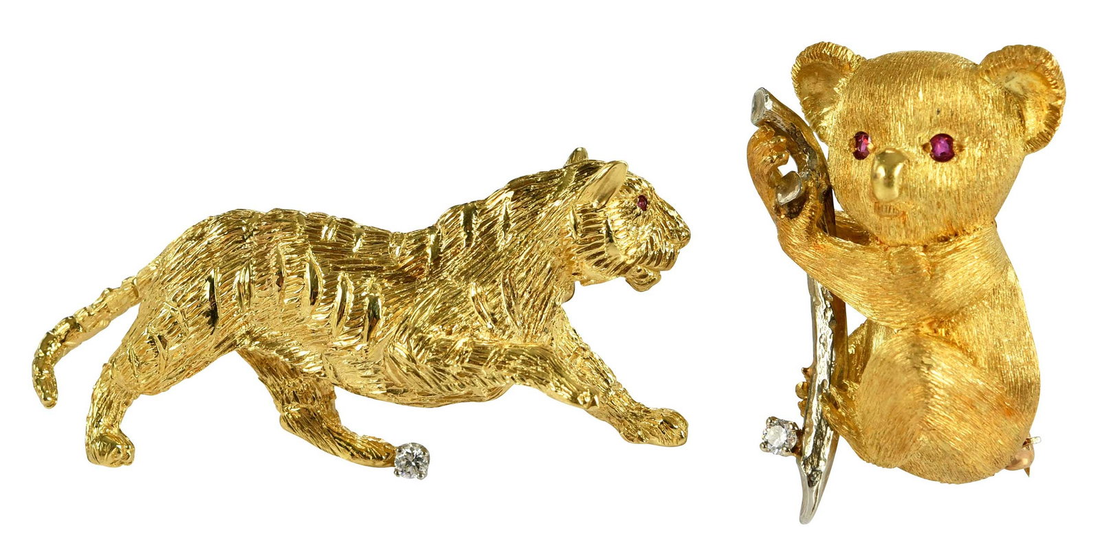 18kt. Diamond Animal Brooches, Panther and Koala: one round full cut diamond, one round full cut ruby for eye, textured finish, marked "18K, PD", yellow gold, 2 in. length, 14.8 g; one round full cut diamond, two round full cut rubies for eyes, textu