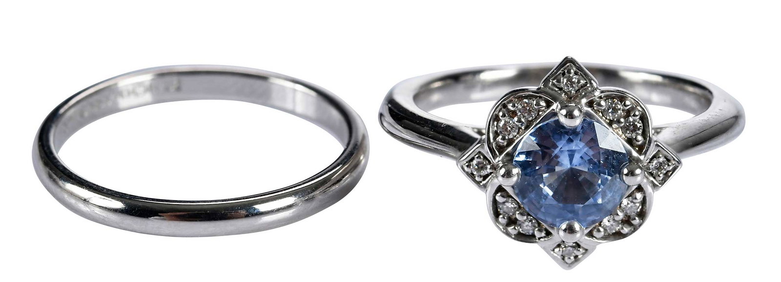 14kt. Blue Sapphire, Diamond Ring and Band: round mixed cut light blue sapphire, approx. 6.0mm, round faceted diamonds, marked "JA,14k", white gold, 6-3/4 ring sz.; high polish, marked "Benchmark, 14k", white gold, 5-3/4 ring sz., 3.0mm wide, 5
