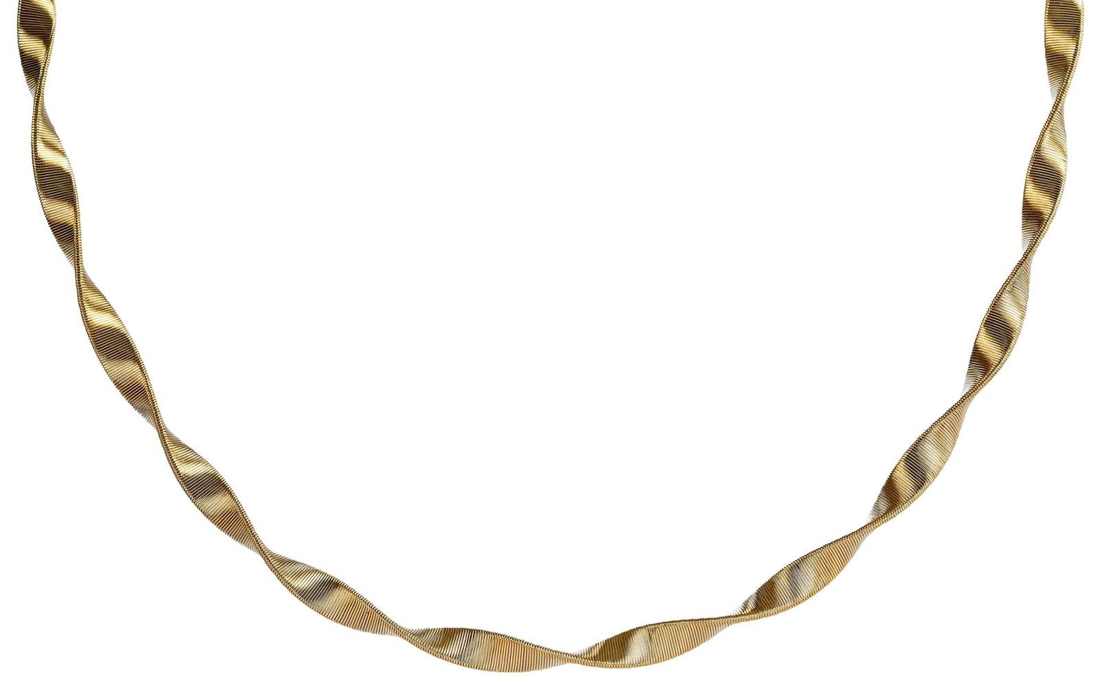 18kt. Marco Bicego Marrakech Coil Necklace: twisted coil texture, marked "750, Made in Italy", yellow gold, signed "Marco Bicego", 16-1/2 in. length, 5.0 mm wide, 26.2 g Provenance: Private Virginia Collection Note: Brunk Auctions does not guar