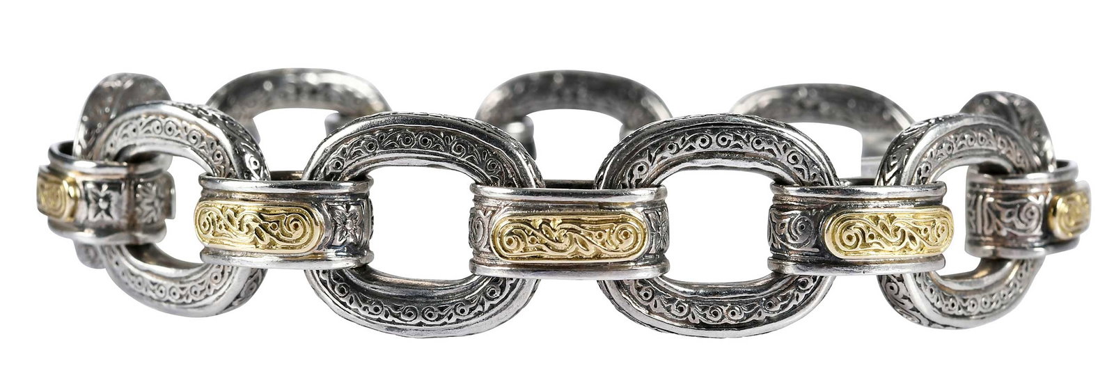18kt. and Sterling Silver Konstantino Ornate Link Bracelet: etched round links, marked "750, 925", yellow gold, signed Konstantino, 8-3/4 in. length, 16.0mm wide, 58.8 g Provenance: Private Virginia Collection Note: Brunk Auctions does not guarantee the accura