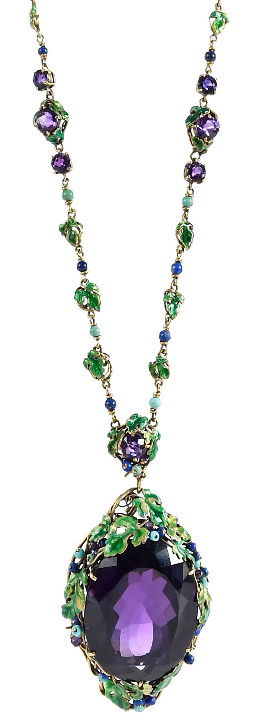 18kt. Large Amethyst and Enamel Leaf Necklace: large oval faceted amethyst, approx. 38.0 x 28.0mm, seven round faceted amethyst, green enamel, accented with lapis lazuli and turquoise seed beads, tests 18kt. yellow gold, 28 in. length, with inch d