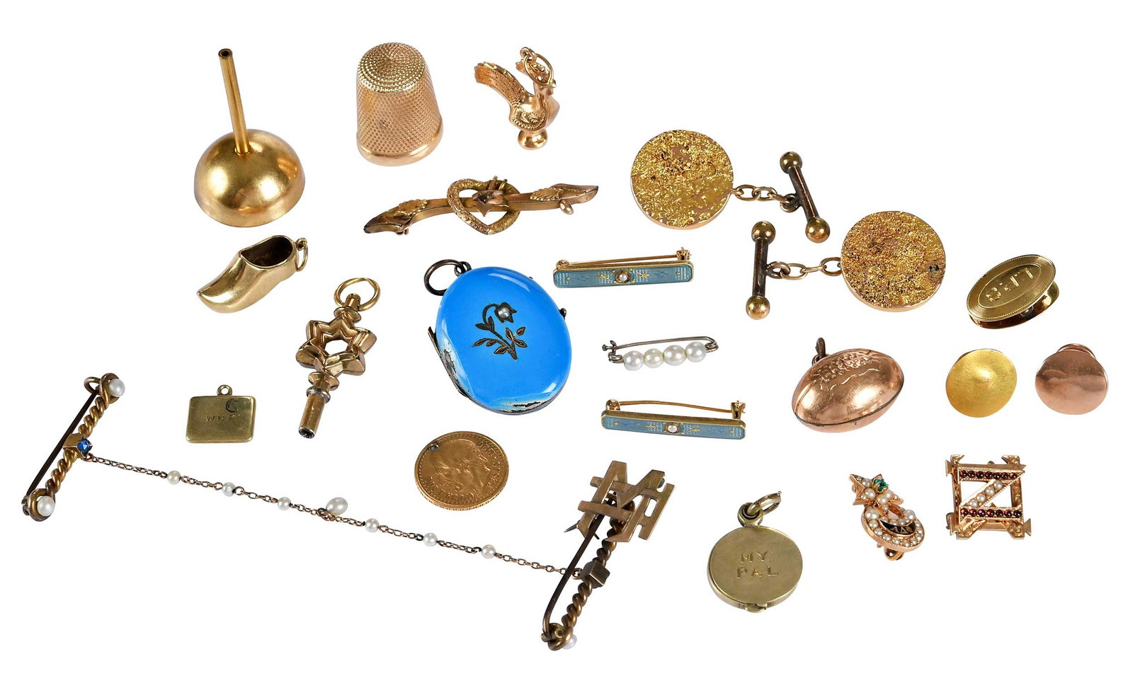 Collection of Assorted Gold Items, Charms, Brooches, Cufflink, Sewing Thimble (1 of 9)