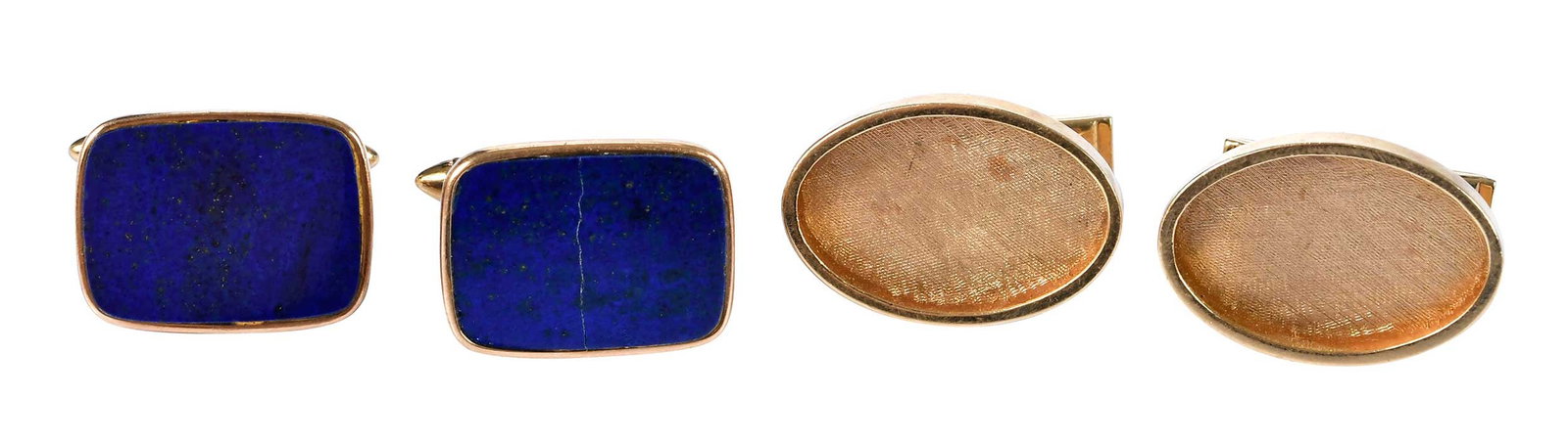 Two Pairs of Vintage Gold Cufflinks, One with Lapis Llazuli: tablet cut lapis lazuli, approx. 18.0 x 13.0mm, marked "14K", yellow gold, T bar backings, 7.2 g; oval shape, florentine finish, marked "14K, JK", yellow gold, 22.0 x 15.0mm, T bar backings, 8.3 g Pro
