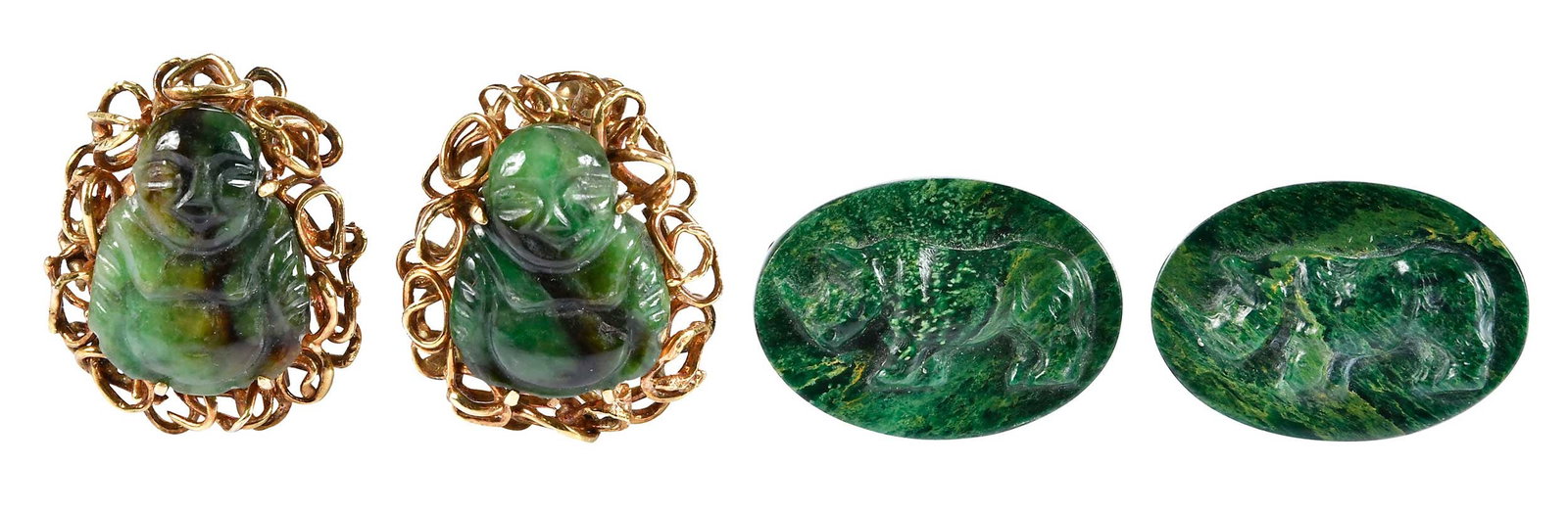 Two Pairs of Vintage Carved Cufflinks, Jade Buda and Rhino Fuchsite: two buda carved jade, marked "585, 14K", yellow gold, 26.0 x 22.0mm, T bar backings, 16.9 g; two oval rhino carved fuchsite, tests not gold, 25.0 x 18.0mm, T bar backings, test not gold, 15.0 g Proven